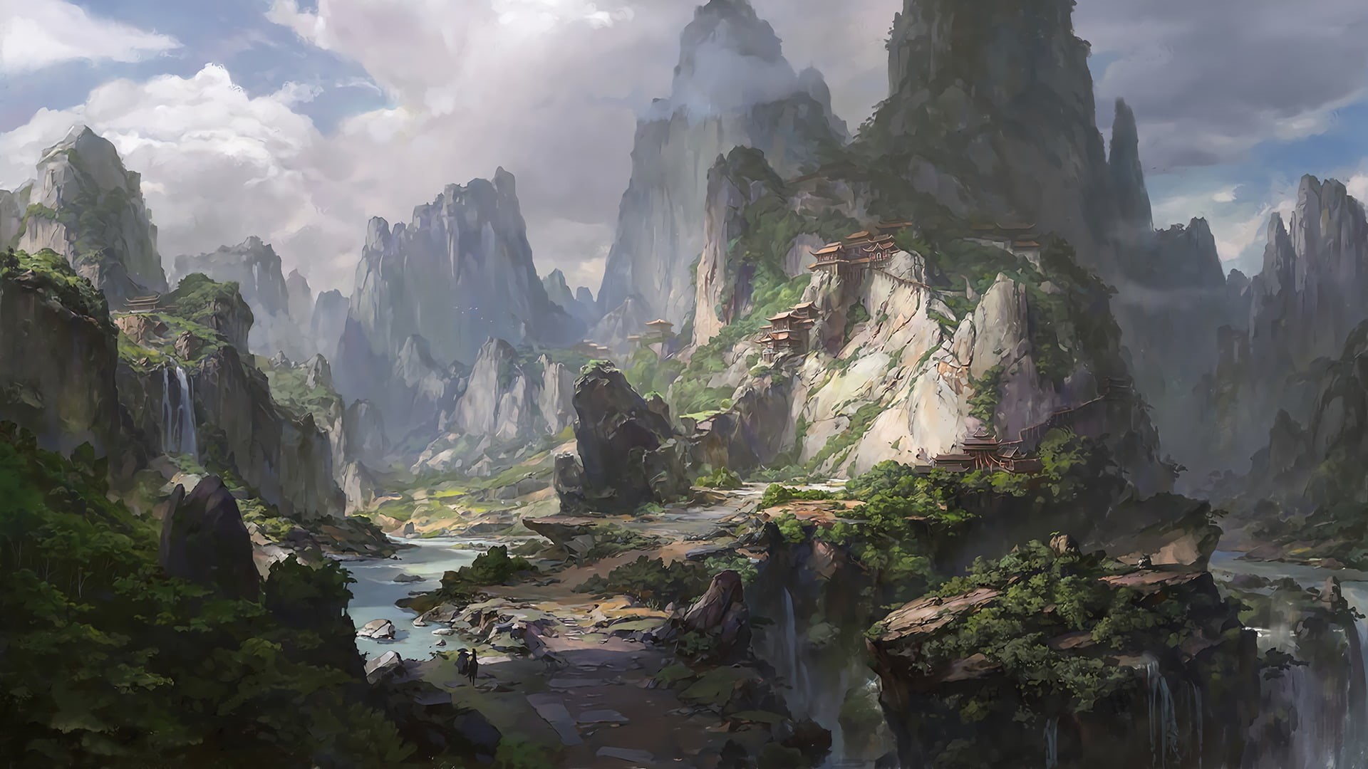 beauty in nature, rock, illustration, sky, no people, geology, power in nature, nature, mountains, flowing water, non-urban scene, rock formation, digital art, HD Wallpaper
