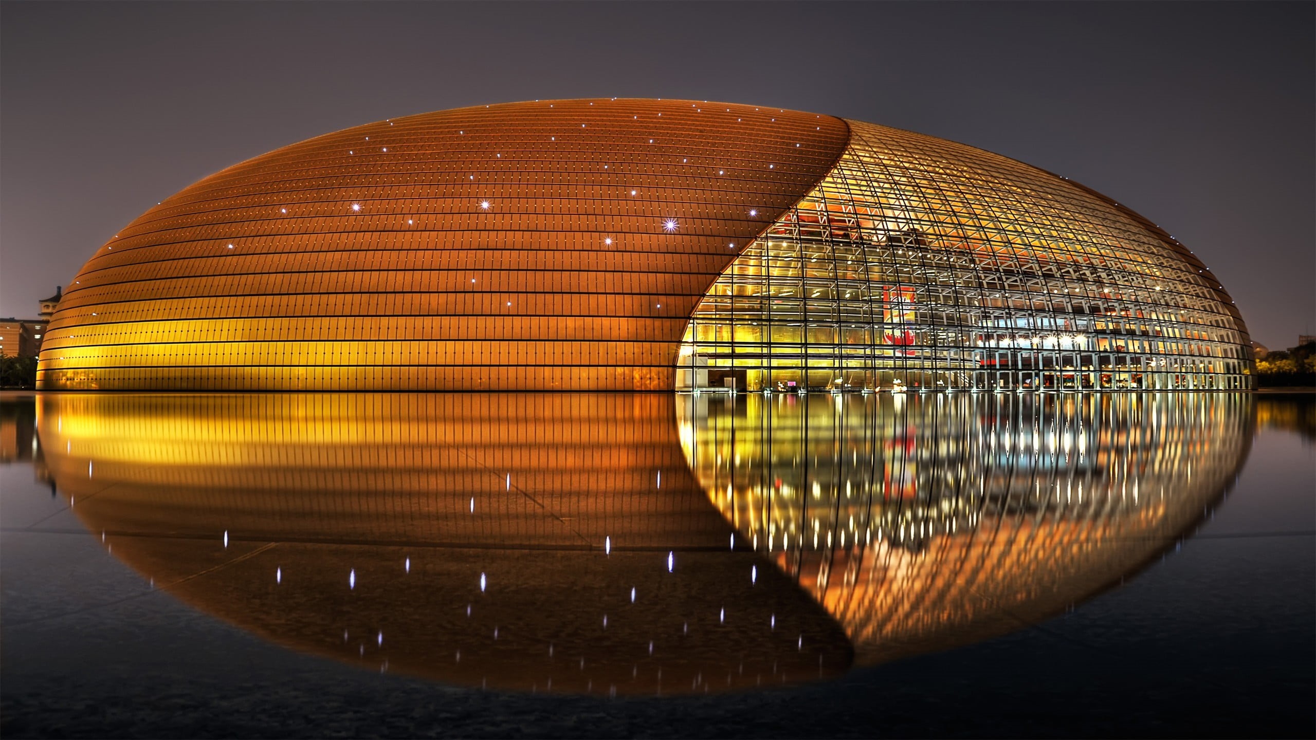 reflection, brown, arts culture and entertainment, stadium, nightlife, city, lights, architecture, 2K, modern, lighted, shape, illuminated, design, water, HD Wallpaper