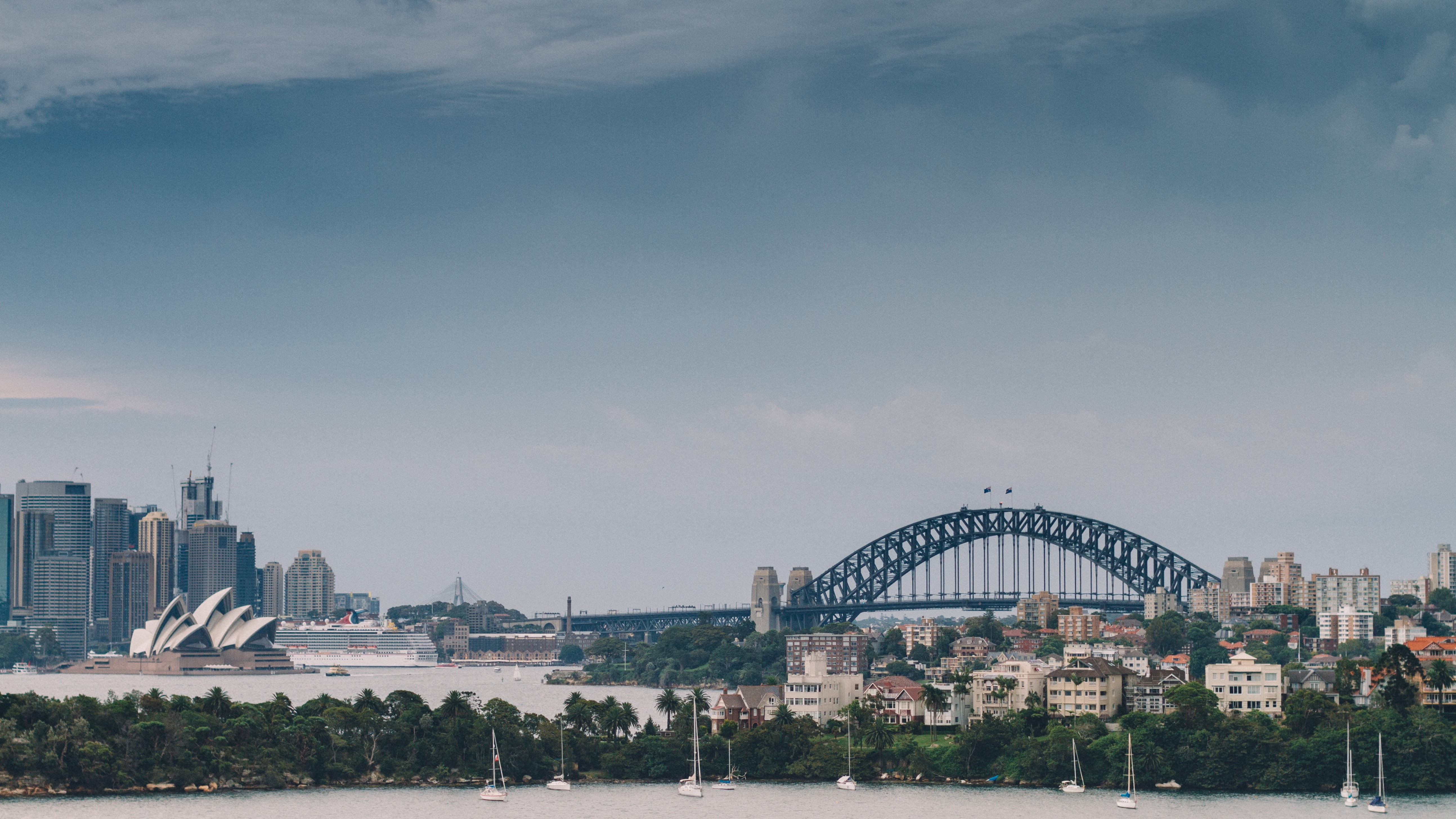 travel destinations, connection, nature, transportation, skyscraper, waterfront, financial district, arch bridge, Sydney, building exterior, 5K, bridge, HD Wallpaper