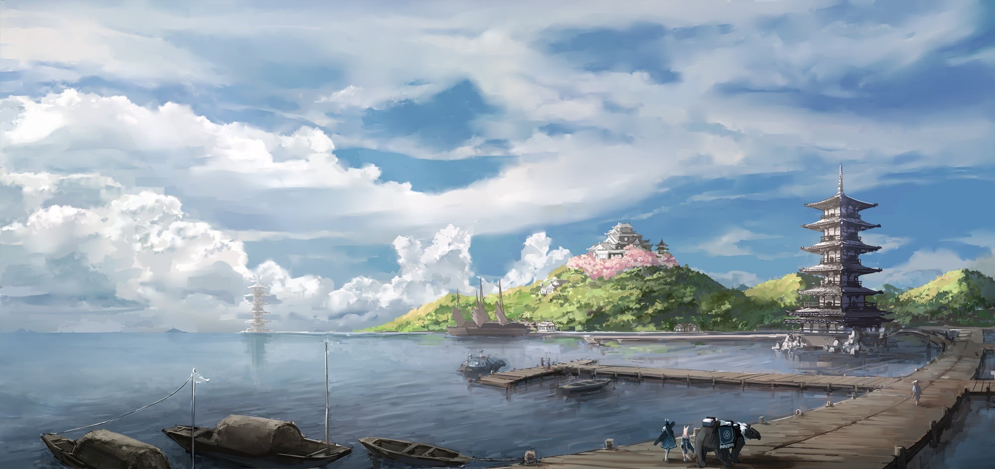 place of worship, Asian architecture, body, ports, painting, nautical vessel, architecture, belief, no people, anime, religion, outdoors, water, spire, HD Wallpaper