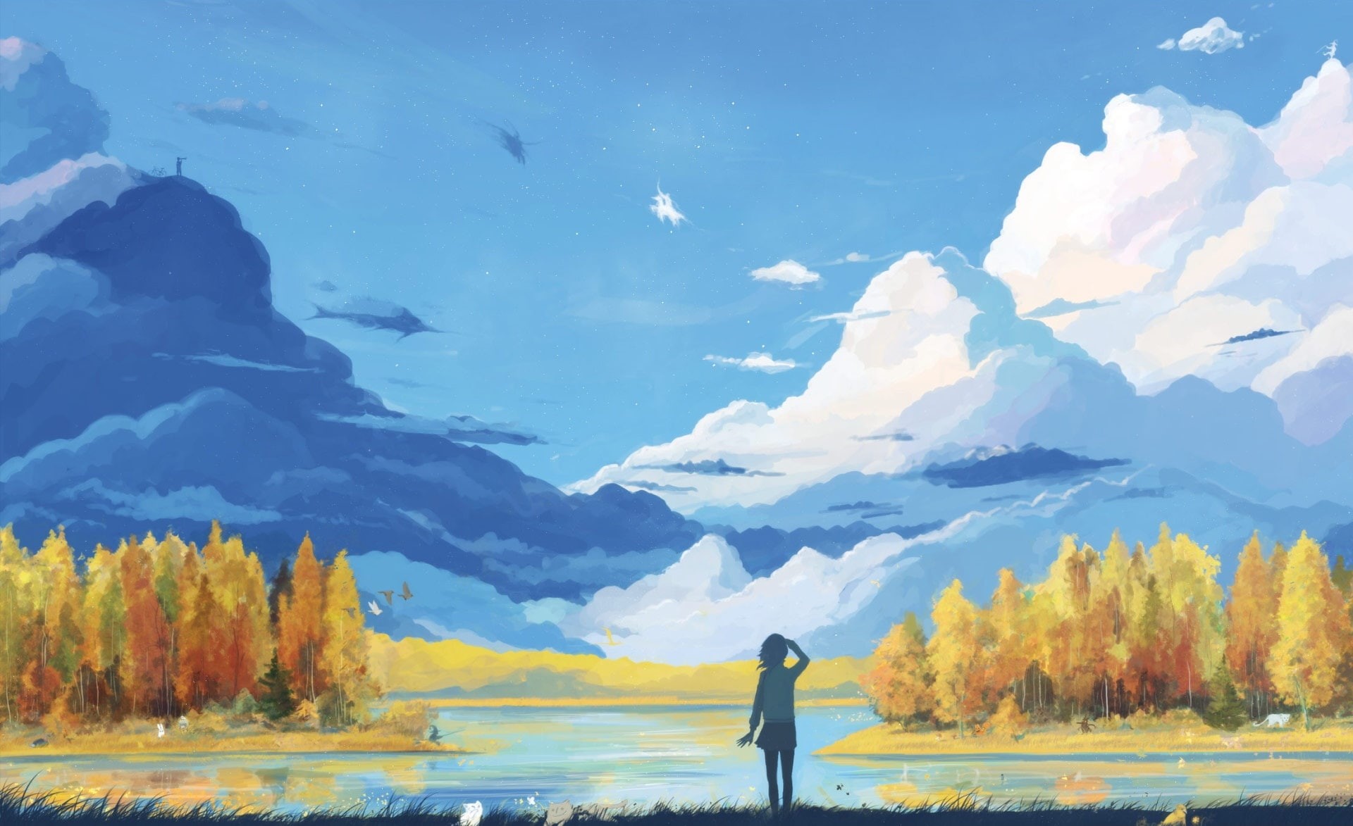 fall, Artwork, Artistic, full length, Landscape, sky, Drawings, outdoors, Scenery, Yellow, day, tranquil scene, non-urban scene, Painting, leisure activity, HD Wallpaper