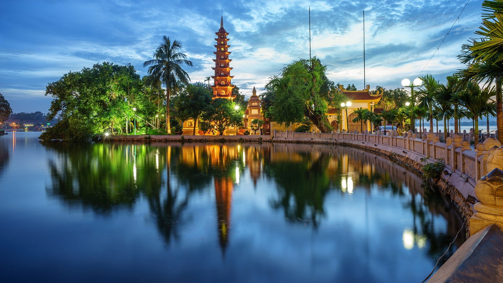 temple, 1080P, reflection, sky, Asian architecture, lake, Hanoi, Vietnam, landscape, nature, lights, clouds, trees, HD Wallpaper