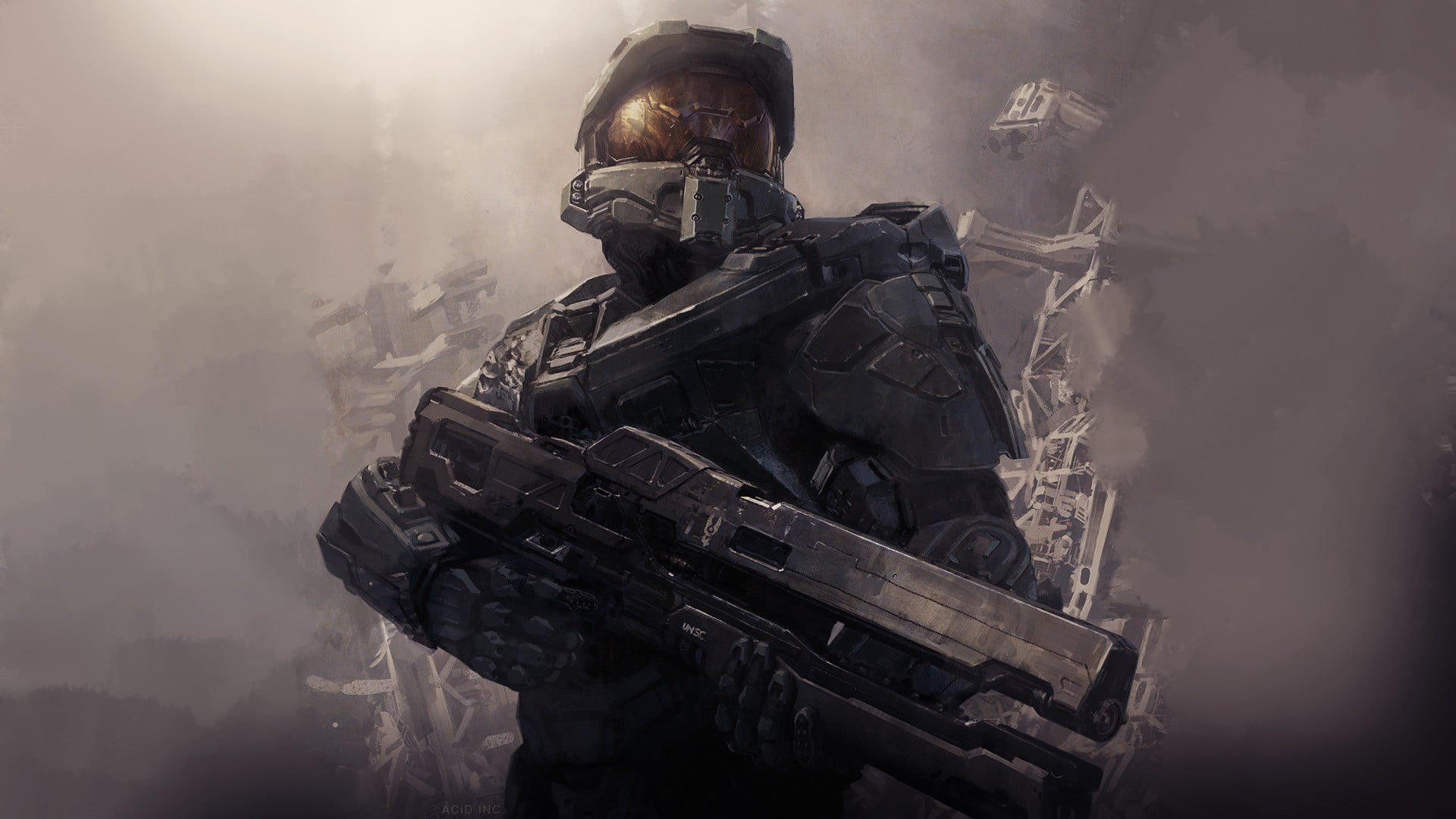 armed forces, Master Chief, duty, helmet, gun, artwork, 1080P, digital, obscured face, weapon, Halo, special forces, smoke - physical structure, HD Wallpaper