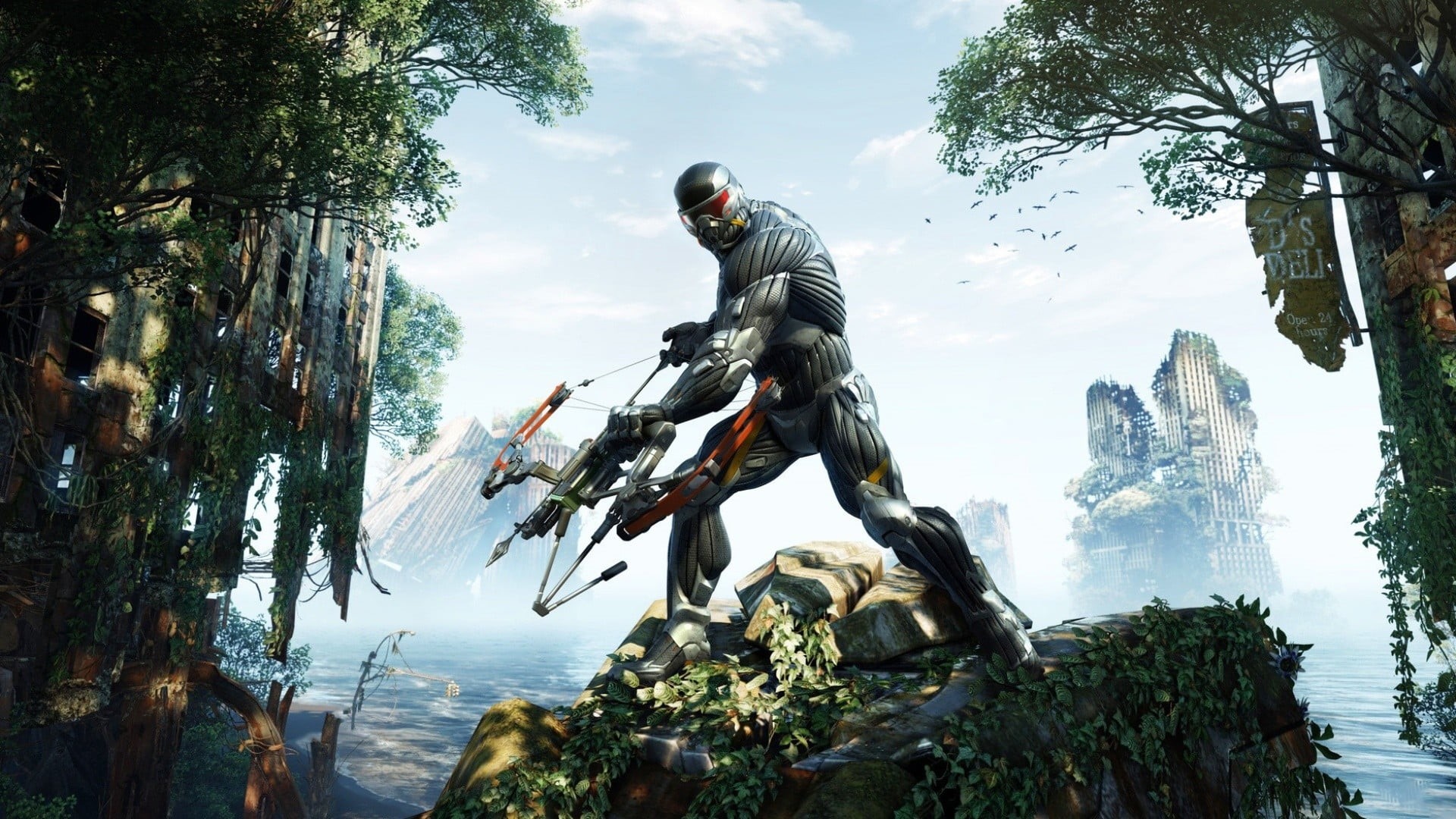 art and craft, illustration, men, bow, one person, video games, architecture, nature, day, real people, outdoors, ranger, tree, holding, Crysis 3, male likeness, HD Wallpaper