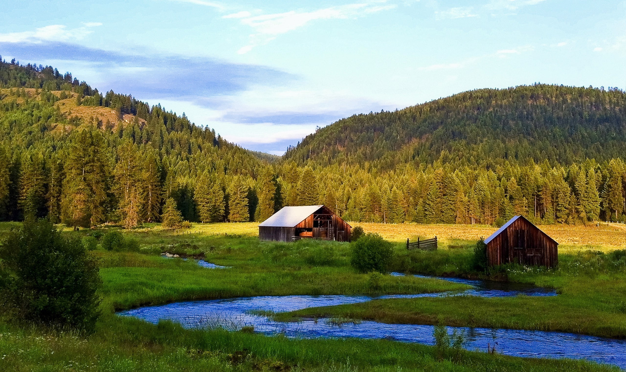 forest, grass, house, lodge, valley, trees, 2K, river, stream, mountains, sky, HD Wallpaper