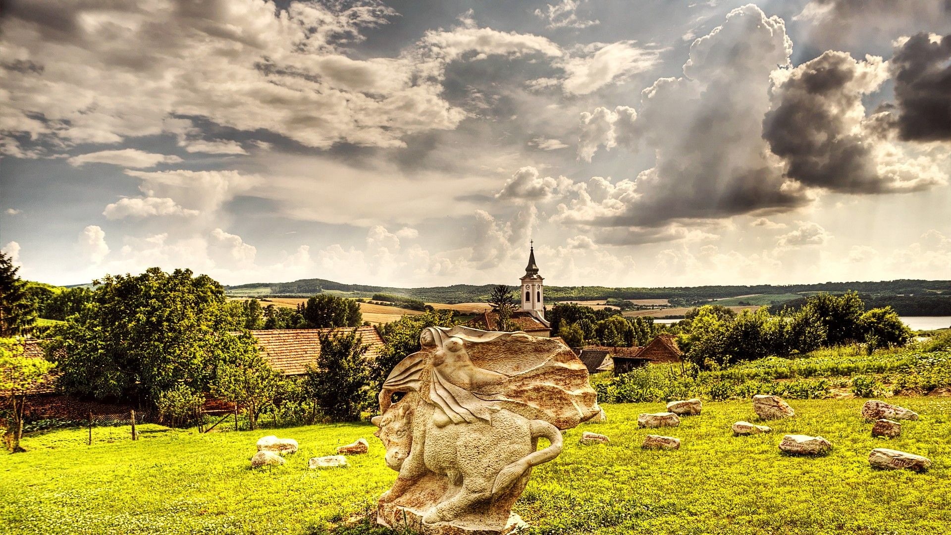 sky, statue, trees, creativity, architecture, rock, no people, cloud - sky, lake, hill, sculpture, old, rural, day, countryside, park, summer, stone, grass, HD Wallpaper