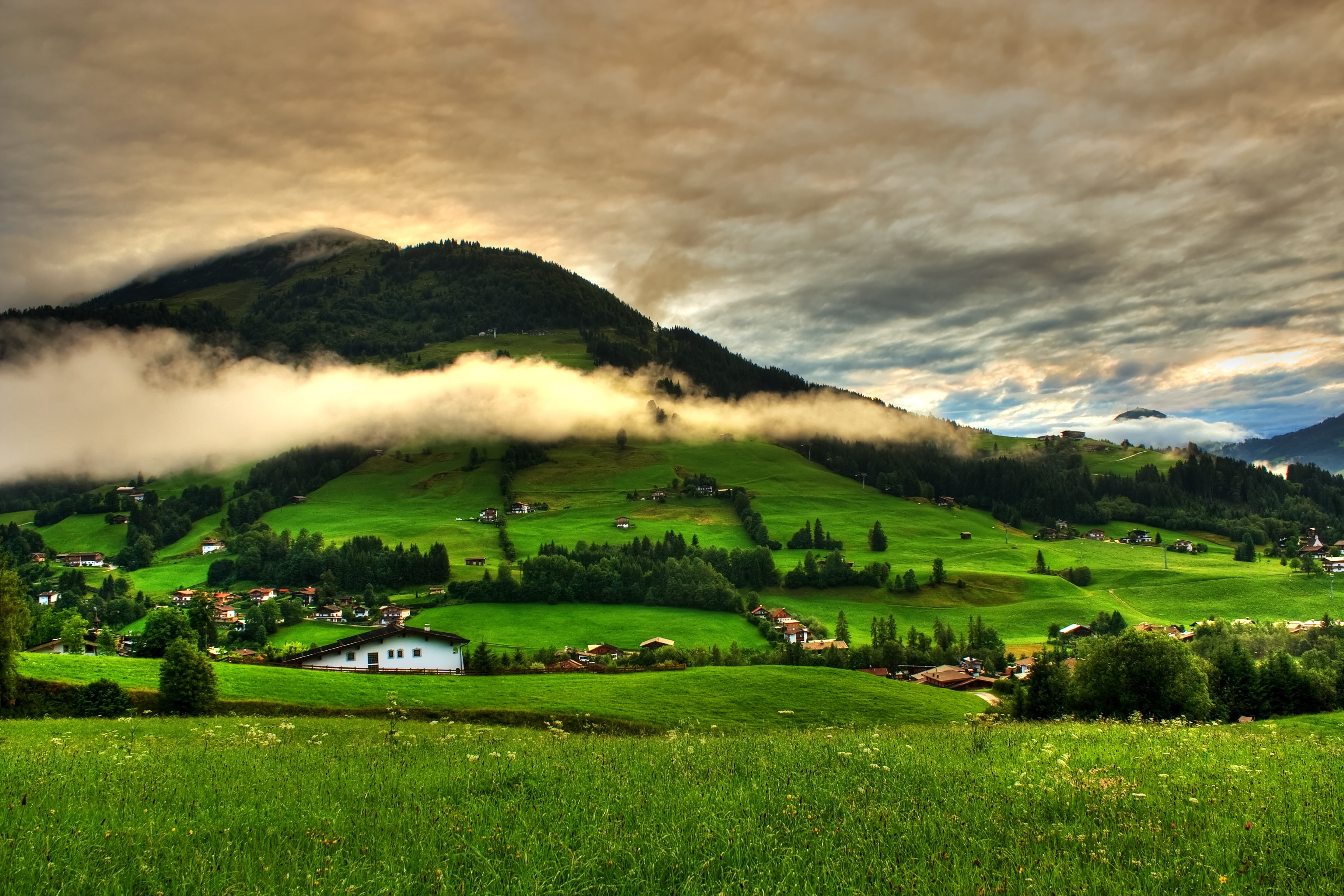 clouds, tree, digital, switzerland, non-Urban Scene, agriculture, sunlight, field, landscaped, no People, outdoors, scenics - nature, houses, scenery, trees, HD Wallpaper