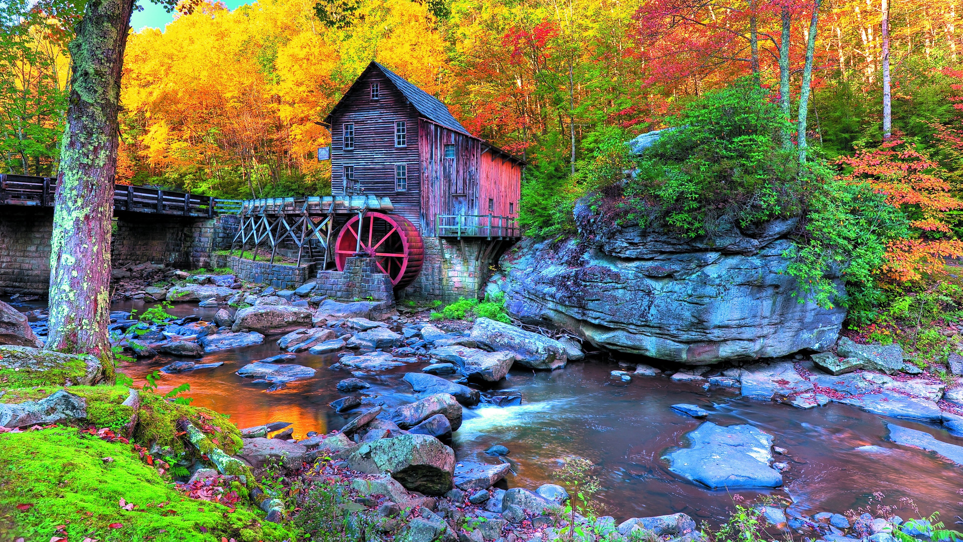 united states, river, 4K, nature reserve, reflection, glade creek, autumn colors, nature, babcock state park, autumn, glade creek grist mill, old mill, HD Wallpaper
