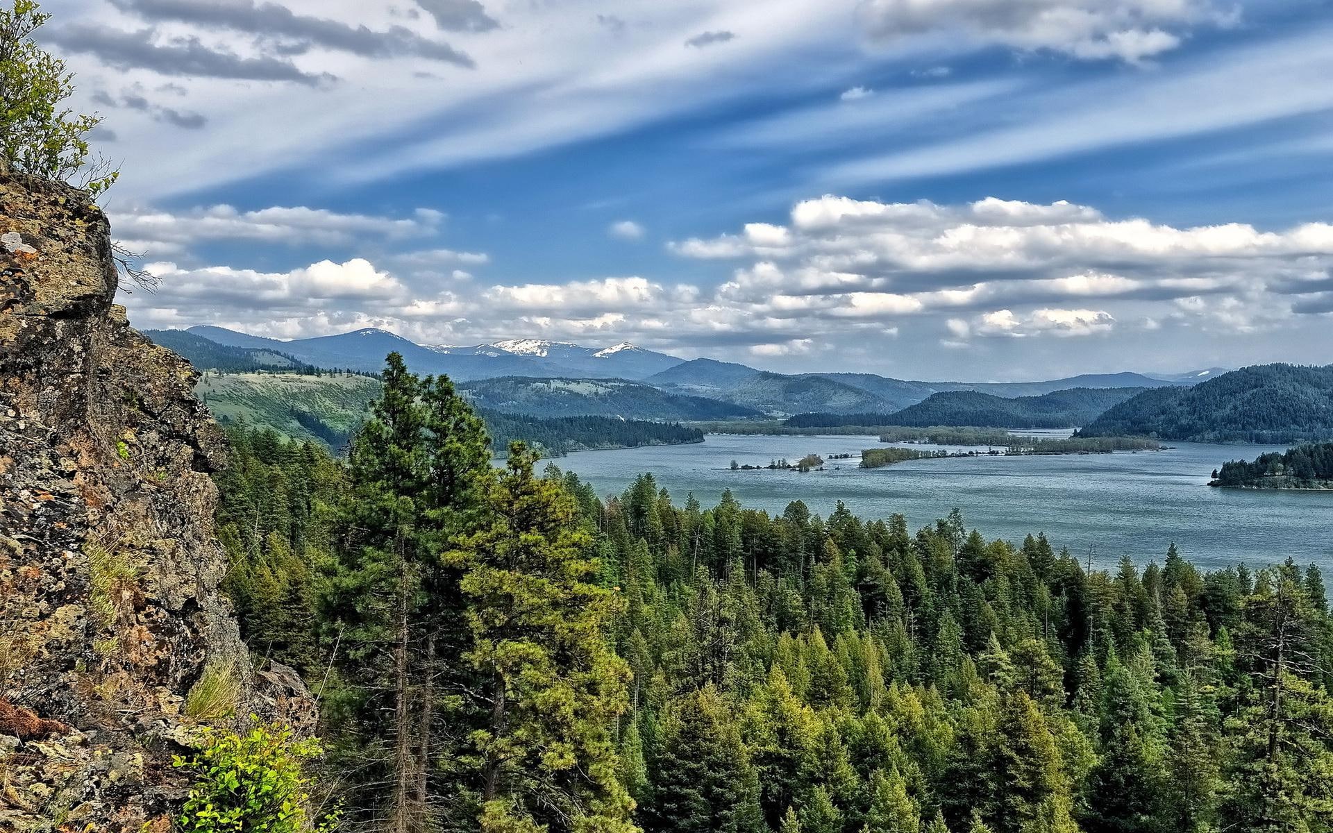 pine, dalene, landscapes, mountains, lakes, scenic, cliff, forest, lake, clouds, resolution, sky, nature, 1080P, coeur, images, high, trees, HD Wallpaper
