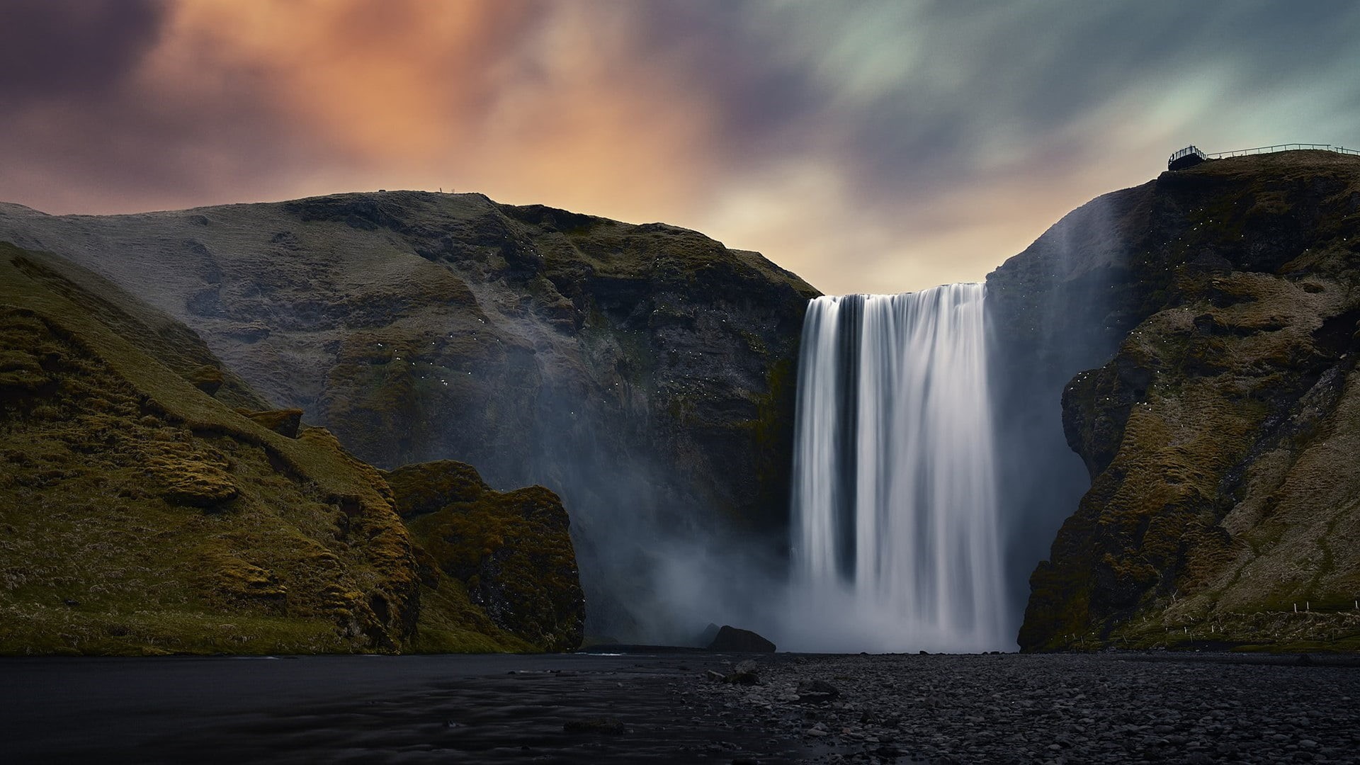 landscape, waterfall, rock - object, nature, iceland, land, travel destinations, 1080P, long exposure, water, power in nature, flowing, small group of people, HD Wallpaper