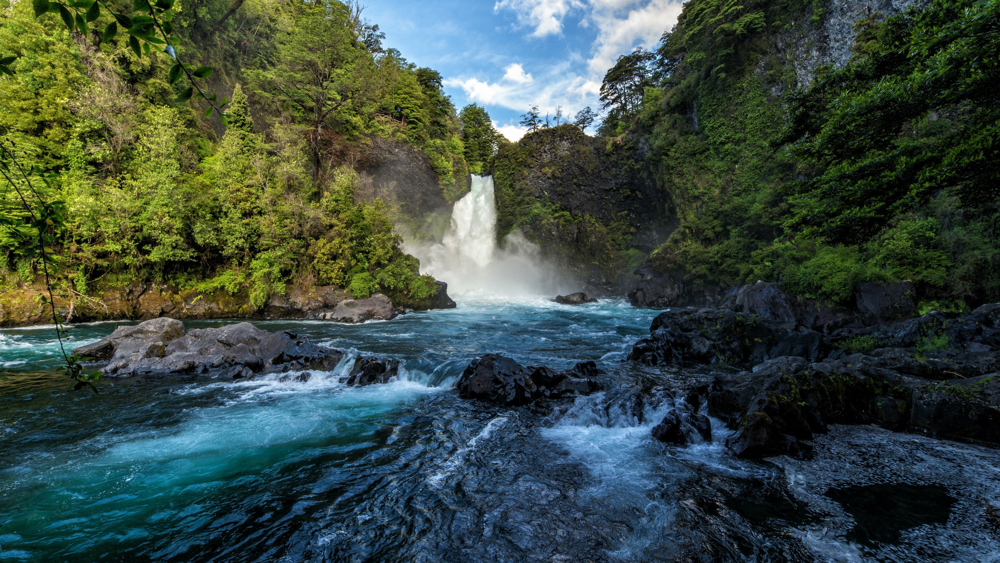 waterfall, salto huilo huilo, rapid, neltume, huilo huilo falls, body of water, nature, south america, chile, 4K, panguipulli, huilo huilo, river, tree, HD Wallpaper