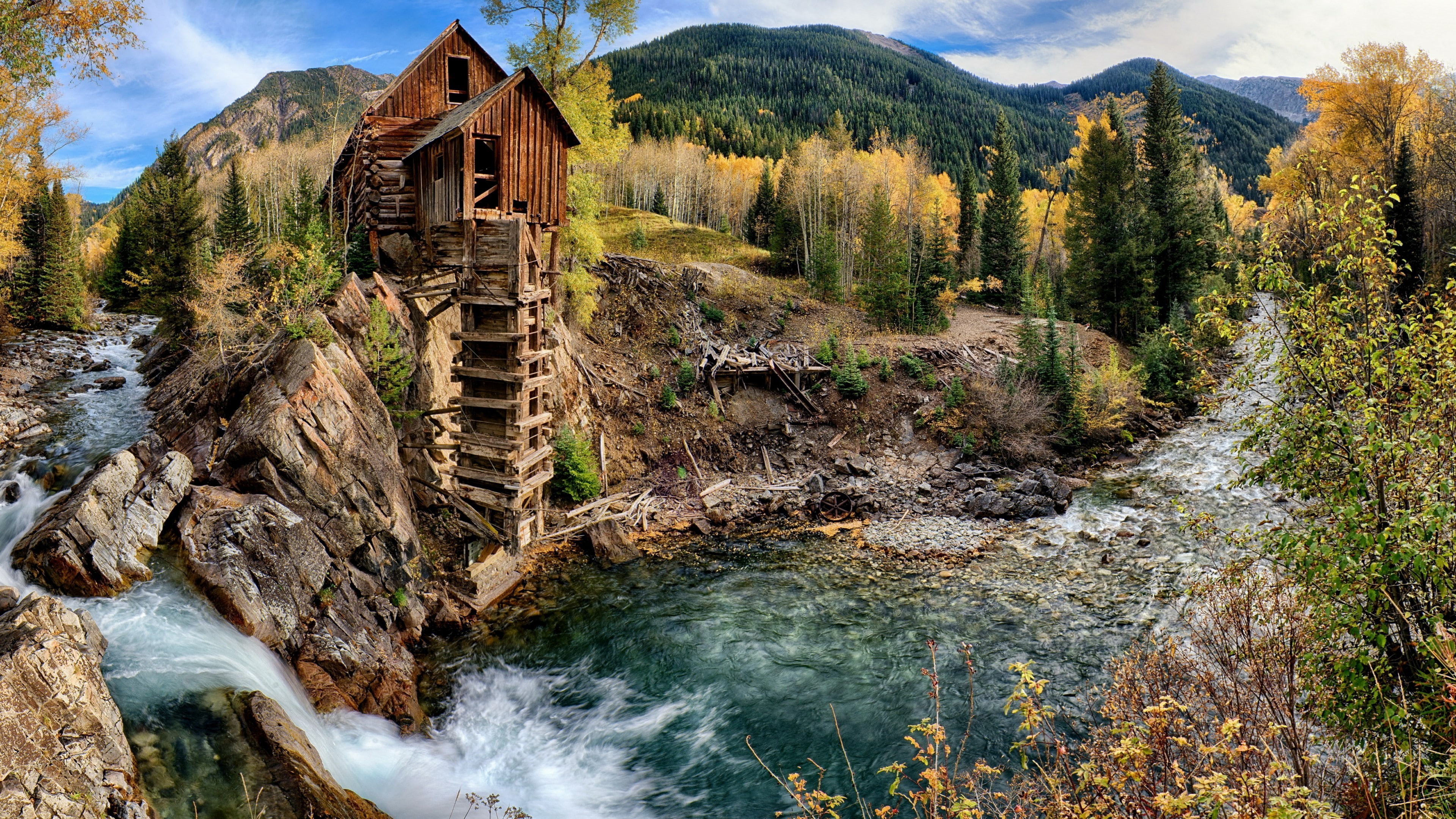 colorado, crystal mill, waterfall, rock, river, sheep mountain mill, carbondale, mountain, water, wilderness, tree, 4K, landscape, stream, old mill, mill, HD Wallpaper