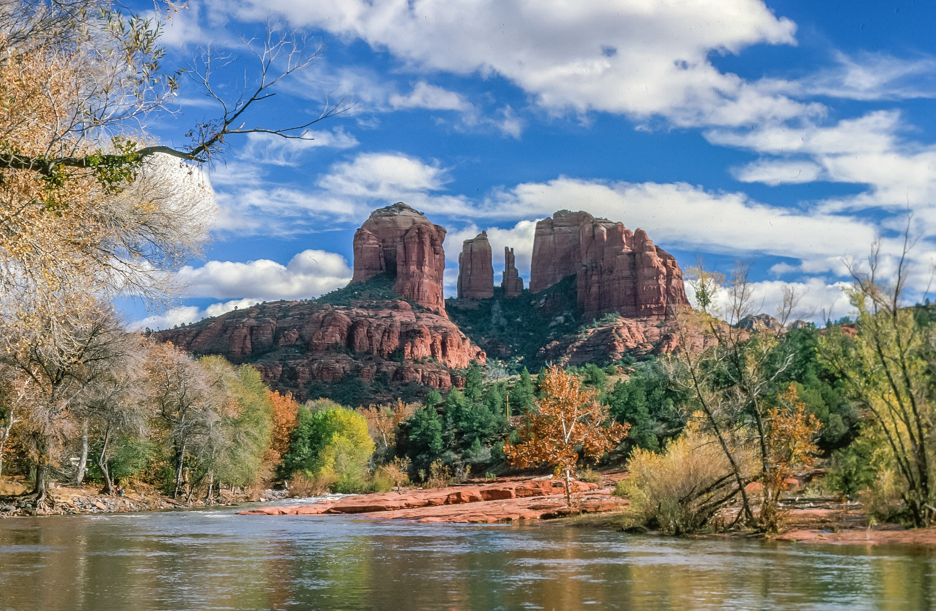 blue, tranquil scene, southwest, forest, usa, reflection, red river crossing, creek, sedona, trees, eroded, 2K, america, crossing, non-urban scene, sky, HD Wallpaper