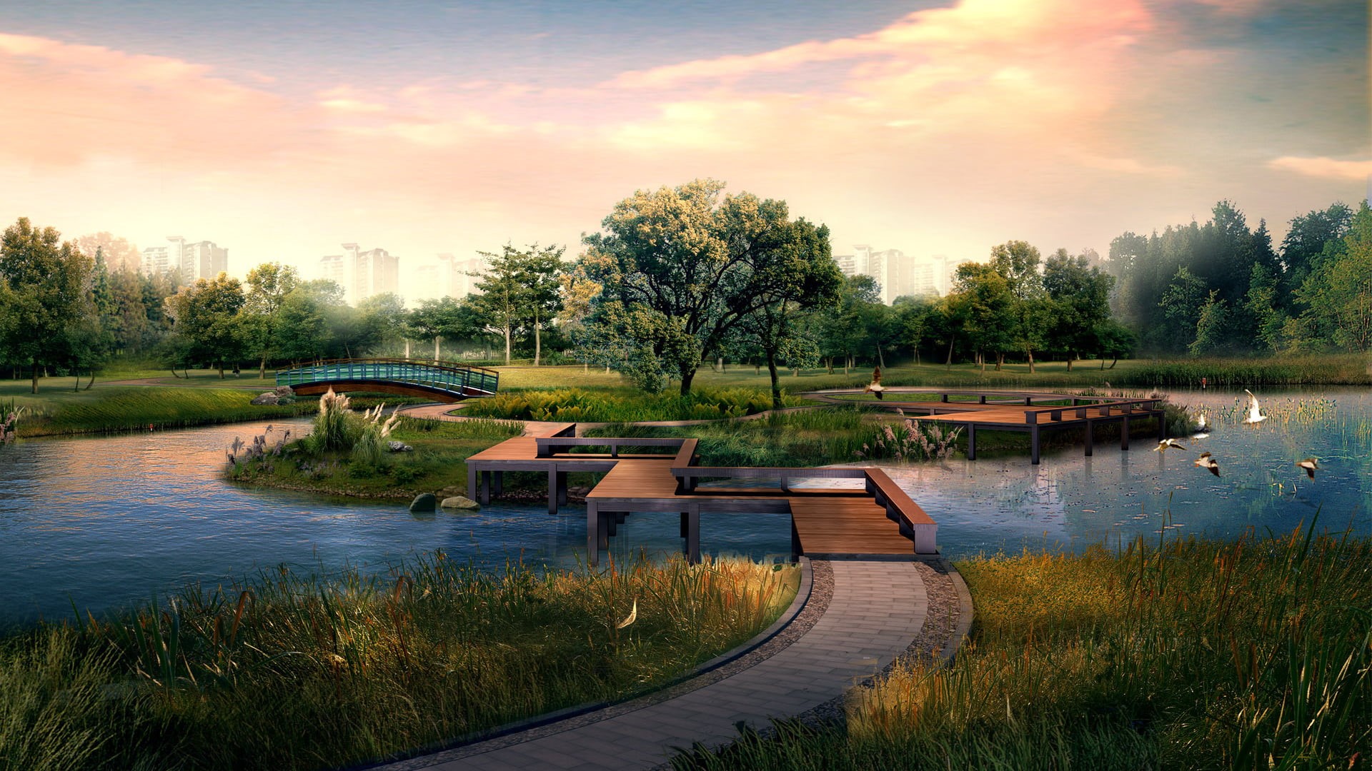 water, trees, no people, leafed, path, tree, scenics - nature, grass, plant, CGI, architecture, built structure, landscape, bridge, beauty in nature, sunset, HD Wallpaper