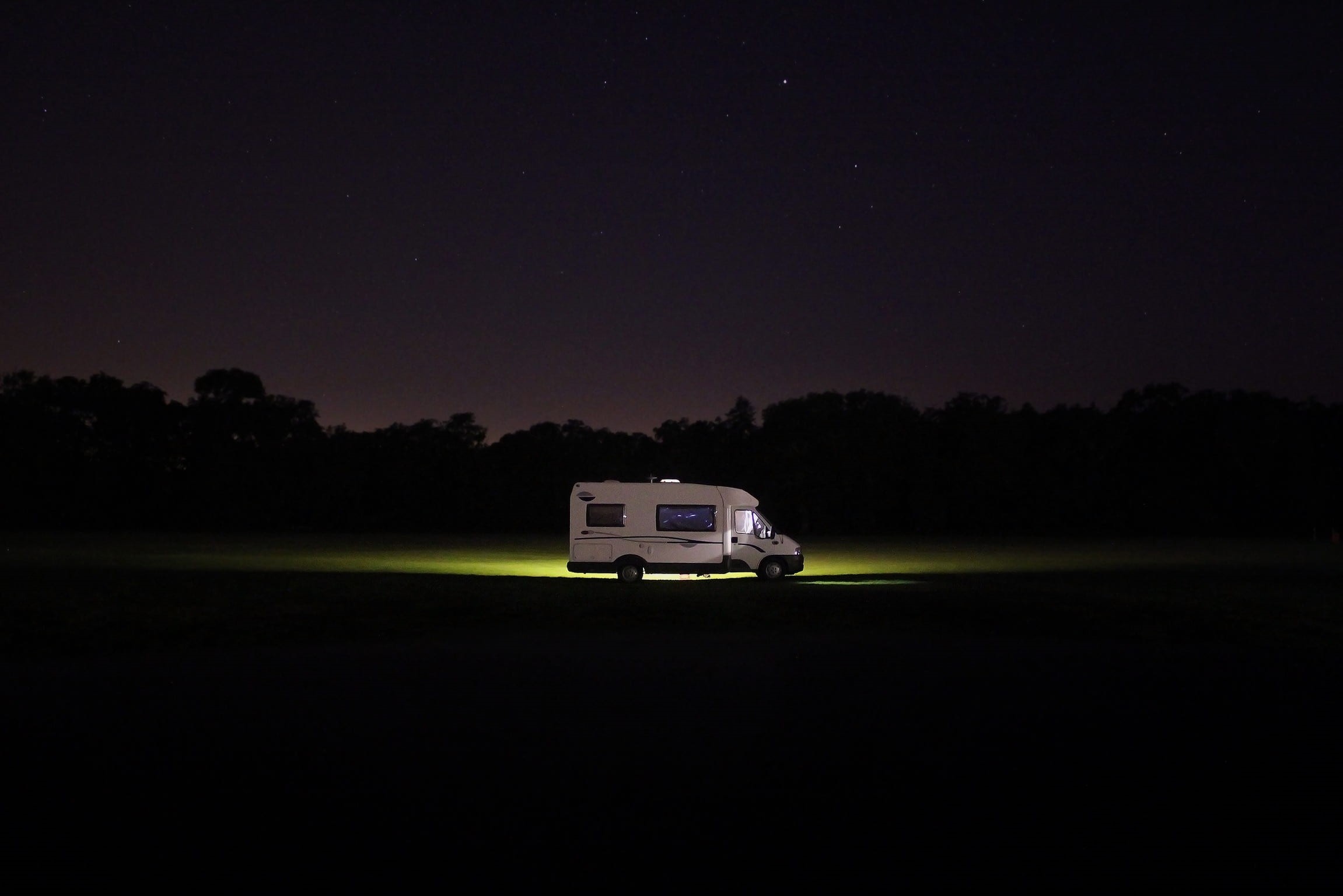 motorhome, rv, 1080P, green color, campervan, land vehicle, night, star - space, transportation, landscape, tree, field, sky, beauty in nature, space, HD Wallpaper