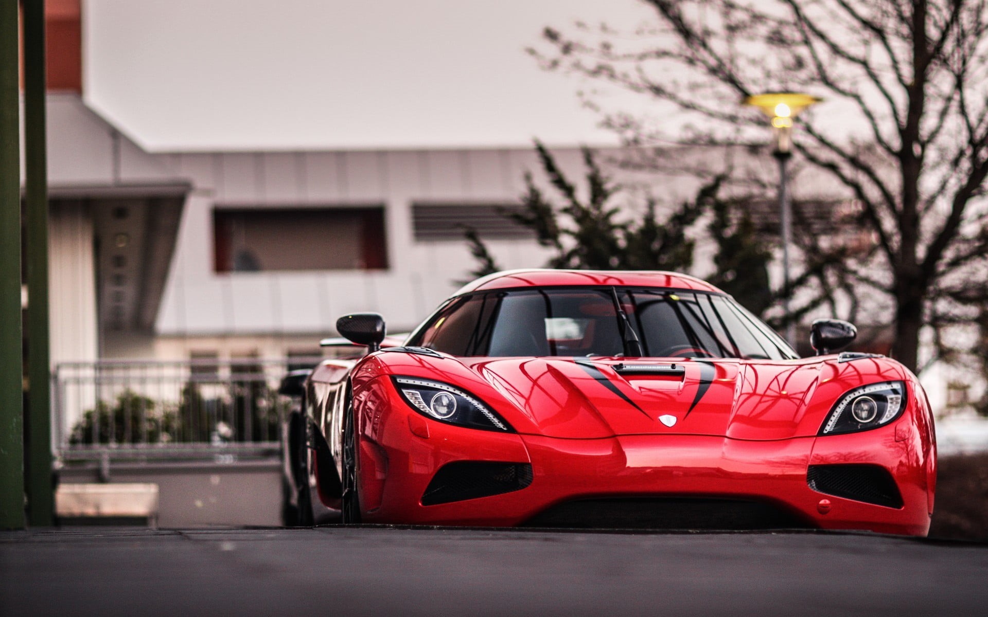 focus on foreground, 1080P, day, land vehicle, outdoors, red, road, nature, city, selective focus, no people, building exterior, transportation, Koenigsegg Agera, HD Wallpaper