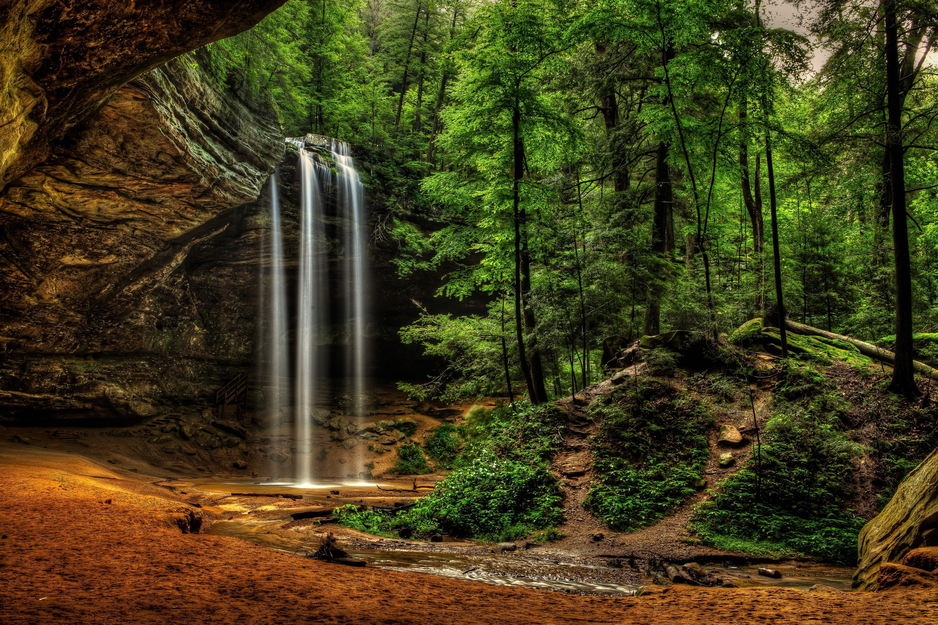 green color, waterfalls, land, nature, tree trunk, plant, woodland, outdoors, scenics - nature, beauty in nature, flowing, no people, day, flowing water, HD Wallpaper