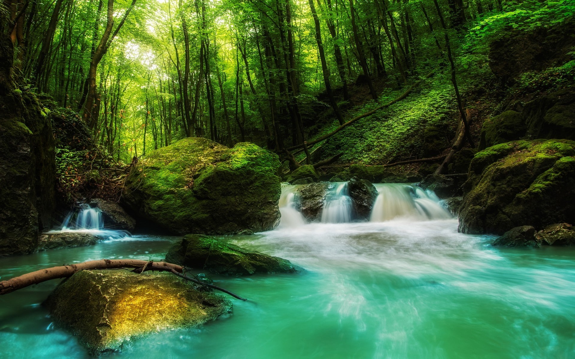 nature, landscape, rock - object, sunlight, land, outdoors, 1080P, waterfall, water, plant, green, non-urban scene, scenics - nature, flowing water, blurred motion, HD Wallpaper