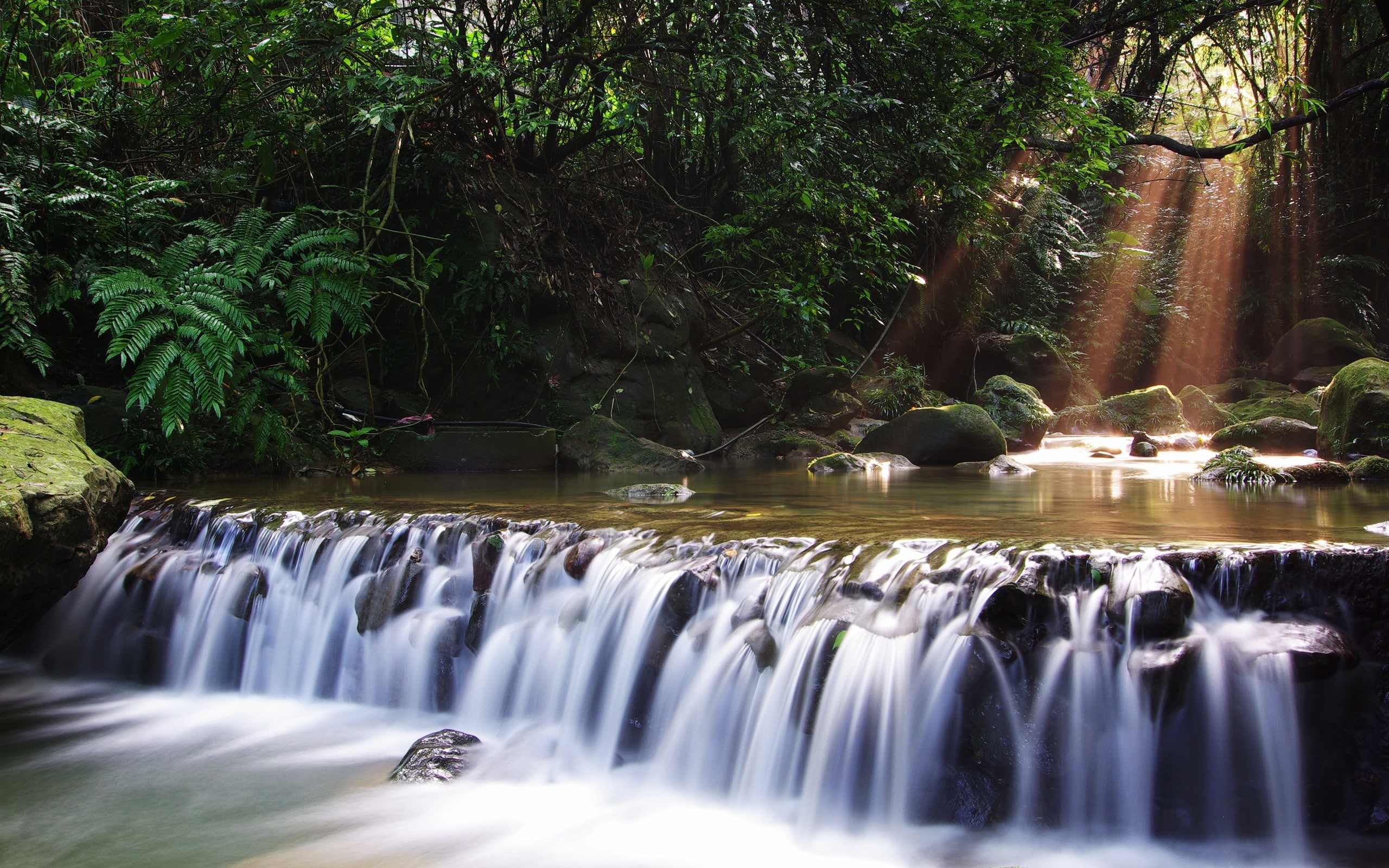 2K, water, trees, long exposure, nature, rock, sunlight, waterfall, forest, landscape, HD Wallpaper