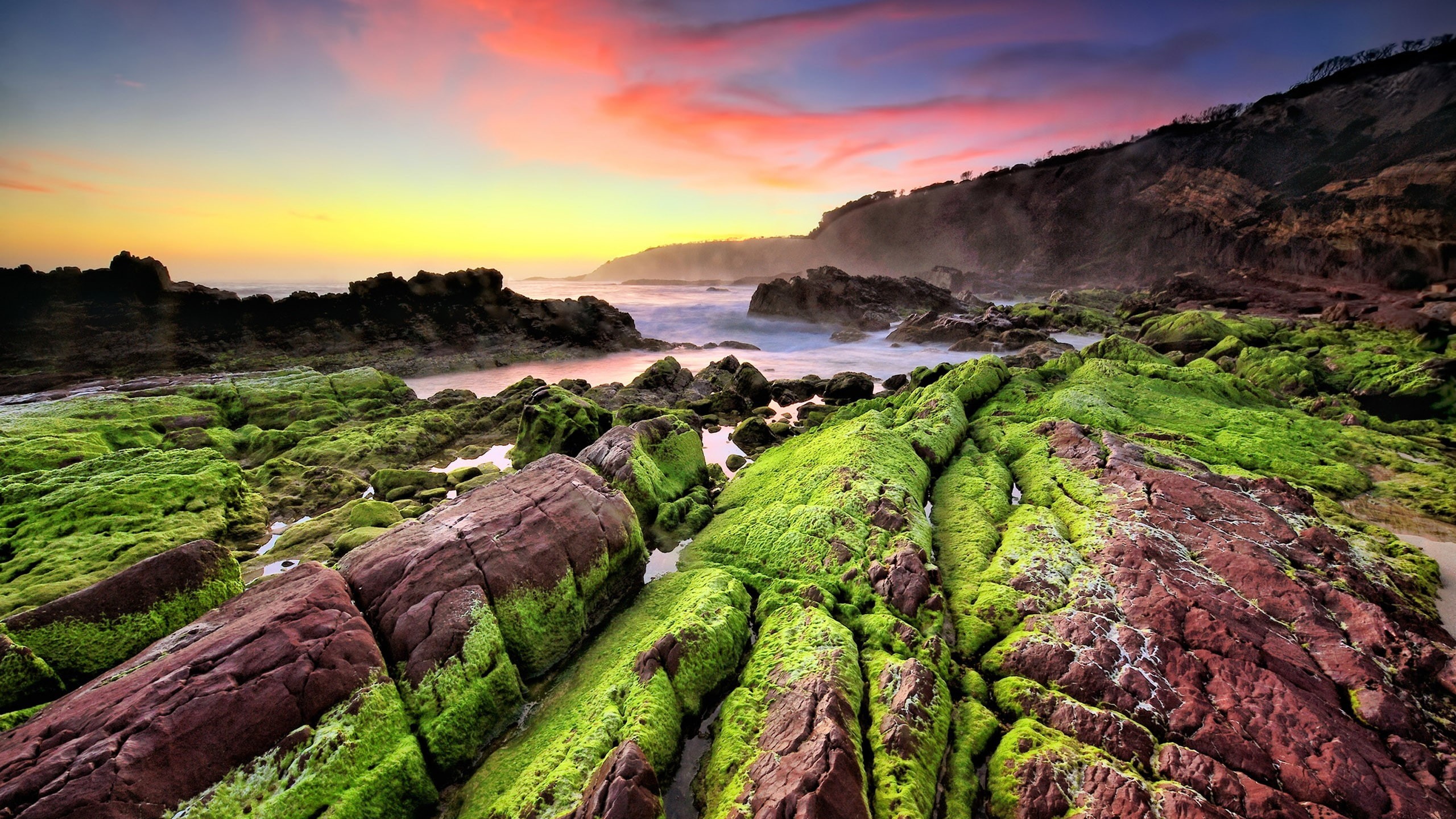 green, travel, tranquility, stones, landscape, moss, horizon, travel destinations, nature, plant, land, outdoors, tranquil scene, sky, clouds, beach, scenics - nature, HD Wallpaper