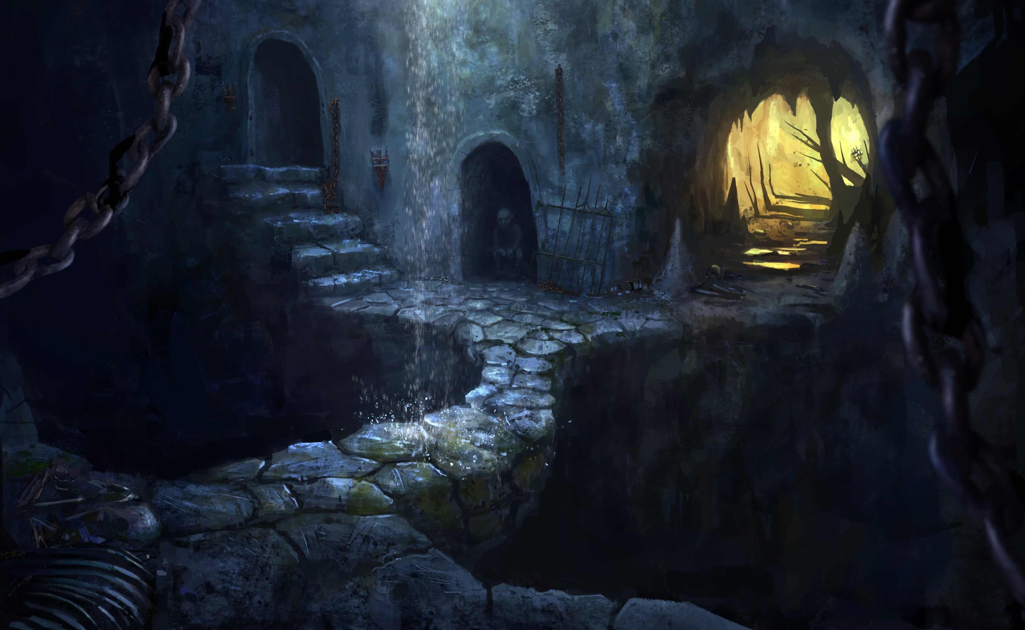 concrete, fantasy, cave, 2K, gray, wall, dark, HD Wallpaper