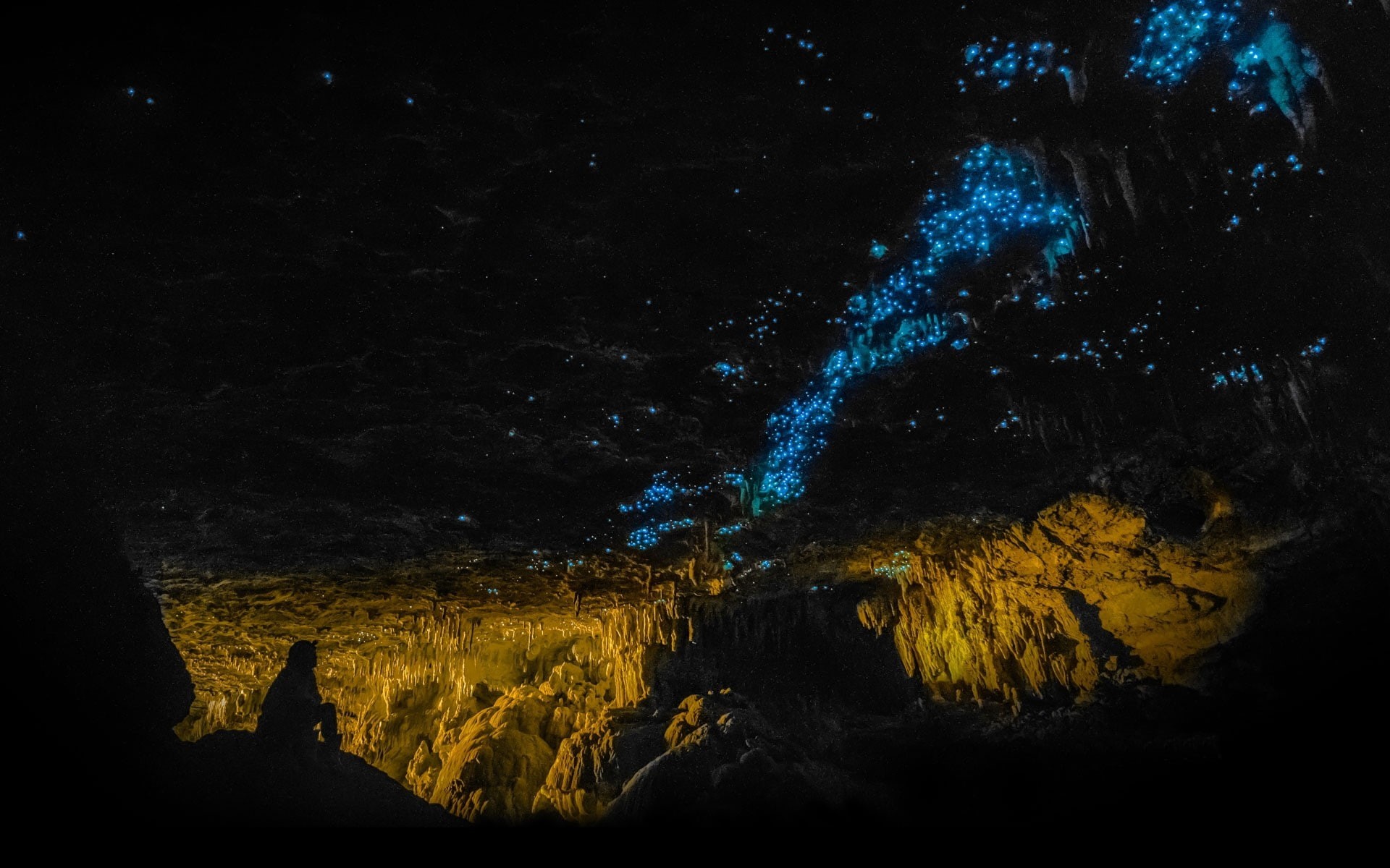 1080P, shadow, Inside, men, nature, rock, cave, dark, glowworms, New Zealand, photography, blue, landscape, HD Wallpaper