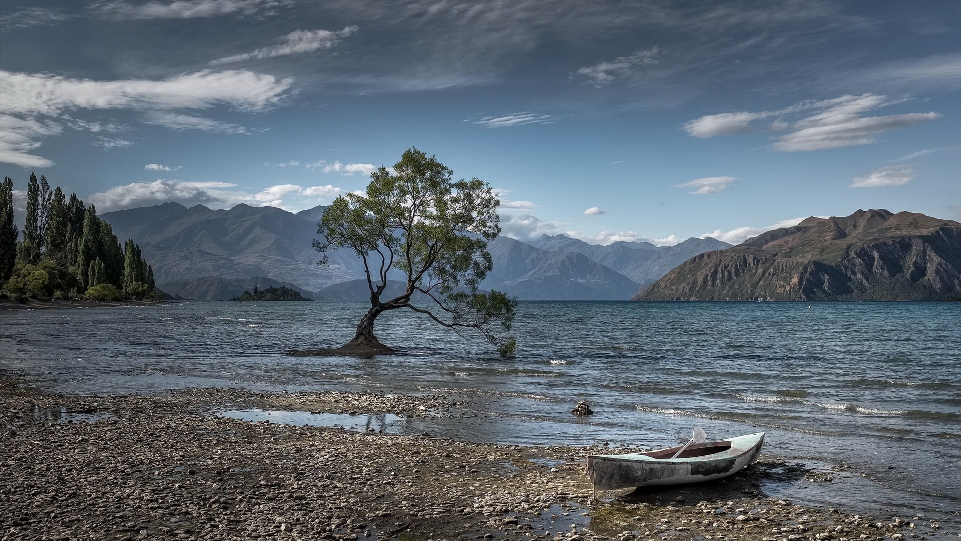 mode of transportation, water, kayak, tranquil scene, mountain range, day, mountains, beauty in nature, nature, lake, cloud - sky, white, 1080P, snowcapped mountain, HD Wallpaper