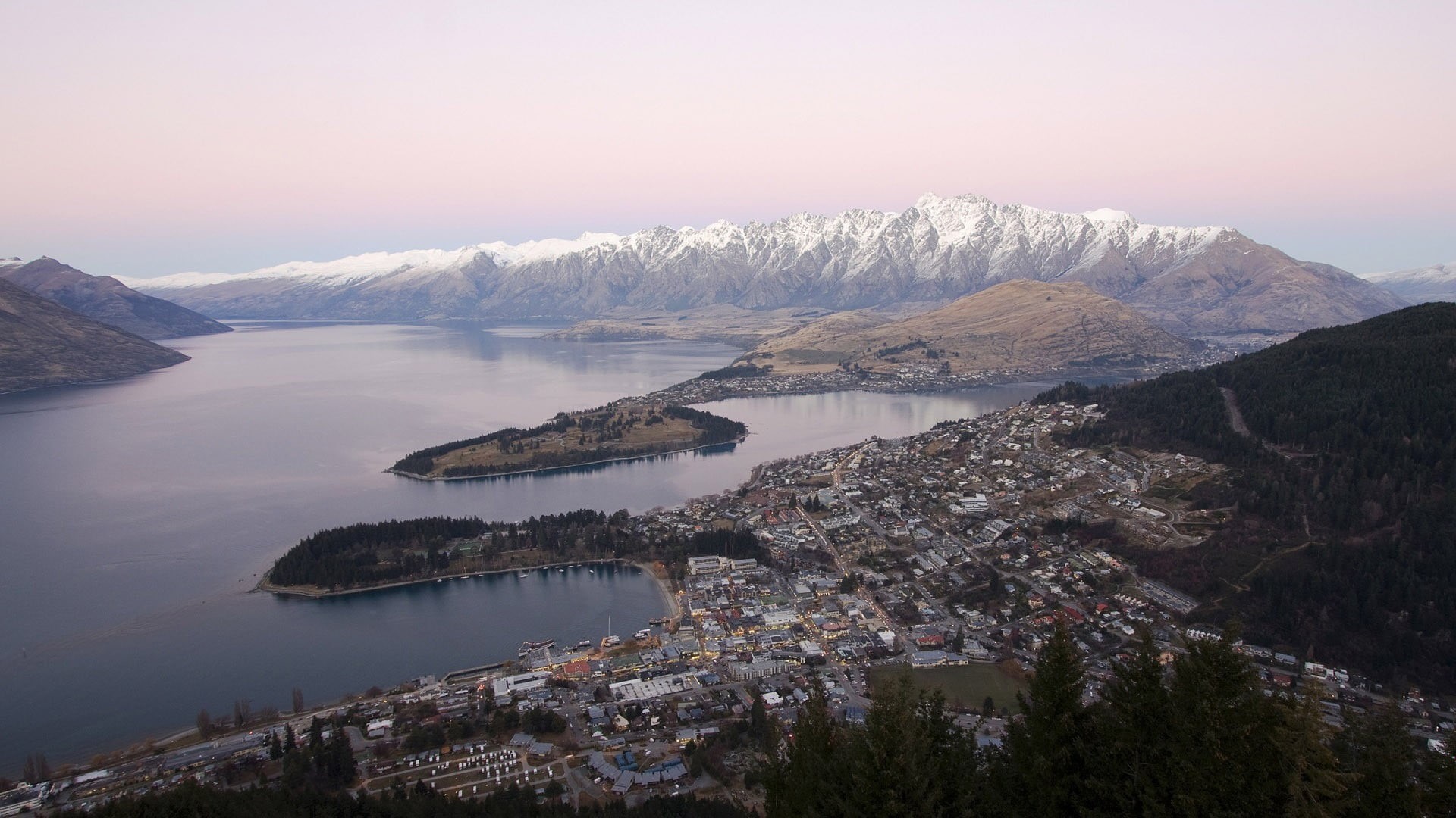 tranquility, tranquil scene, building exterior, city, cityscape, Queenstown, no people, mountains, sea, mountain range, white, outdoors, built structure, HD Wallpaper
