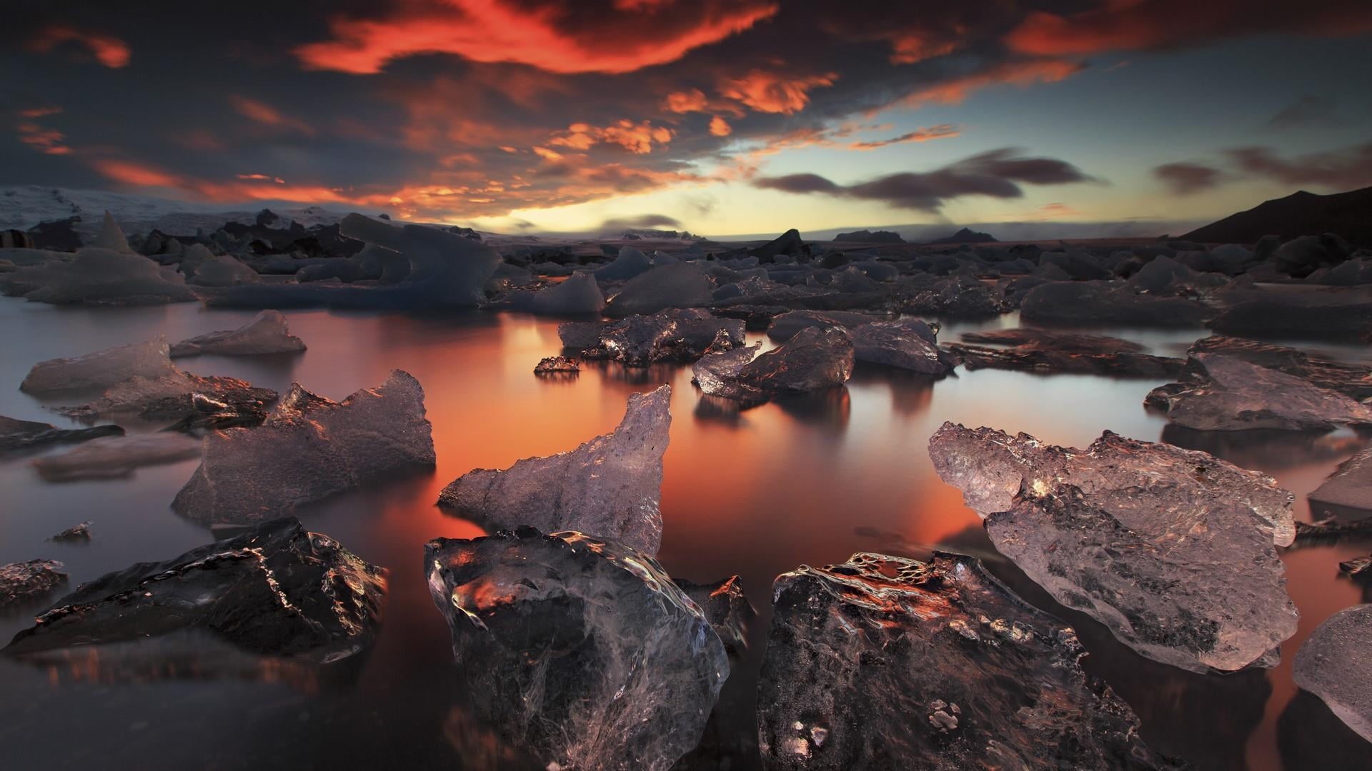 idyllic, glacier, iceland, glacier lake, vatnajokull national park, rock - object, sky, tranquil scene, orange color, scenics - nature, nature, lagoon, HD Wallpaper