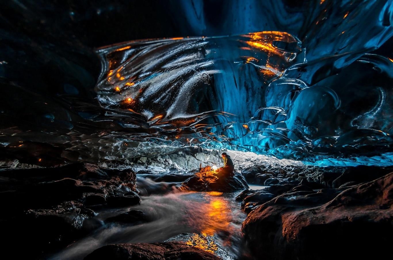 blurred motion, river, night, glaciers, 720P, rock, close-up, men, power in nature, environment, heat - temperature, motion, flowing water, d, flame, illuminated, HD Wallpaper