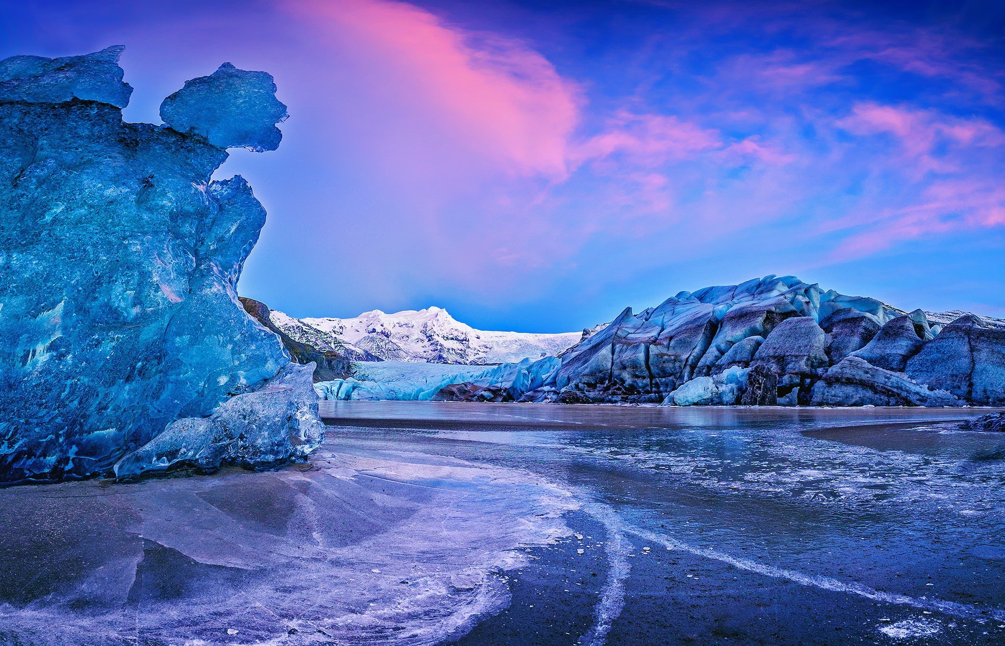 Vatnajökull glacier, vatnaj, glacier, sunset, ice, mountains, Auster-Skaftafell Sysla, water, 1080P, Vatnajökull, iceland, kull, HD Wallpaper