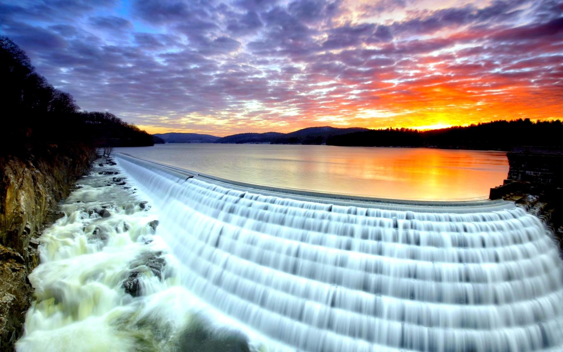 waterfall, water, landscape, cascade, 1080P, nature and landscapes, flow, sunset, HD Wallpaper