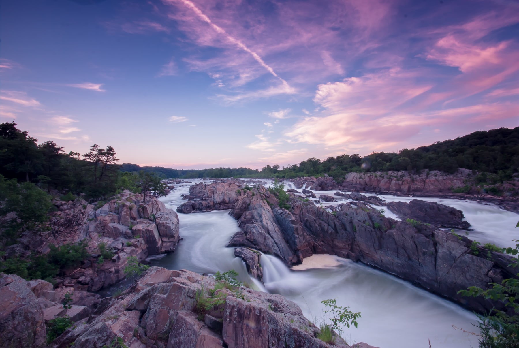 VA, flowing, river, 720P, forest, scenics, mountain, water, purple, Long Exposure, nature, landscape, photography, waterfall, Great Falls, HD Wallpaper