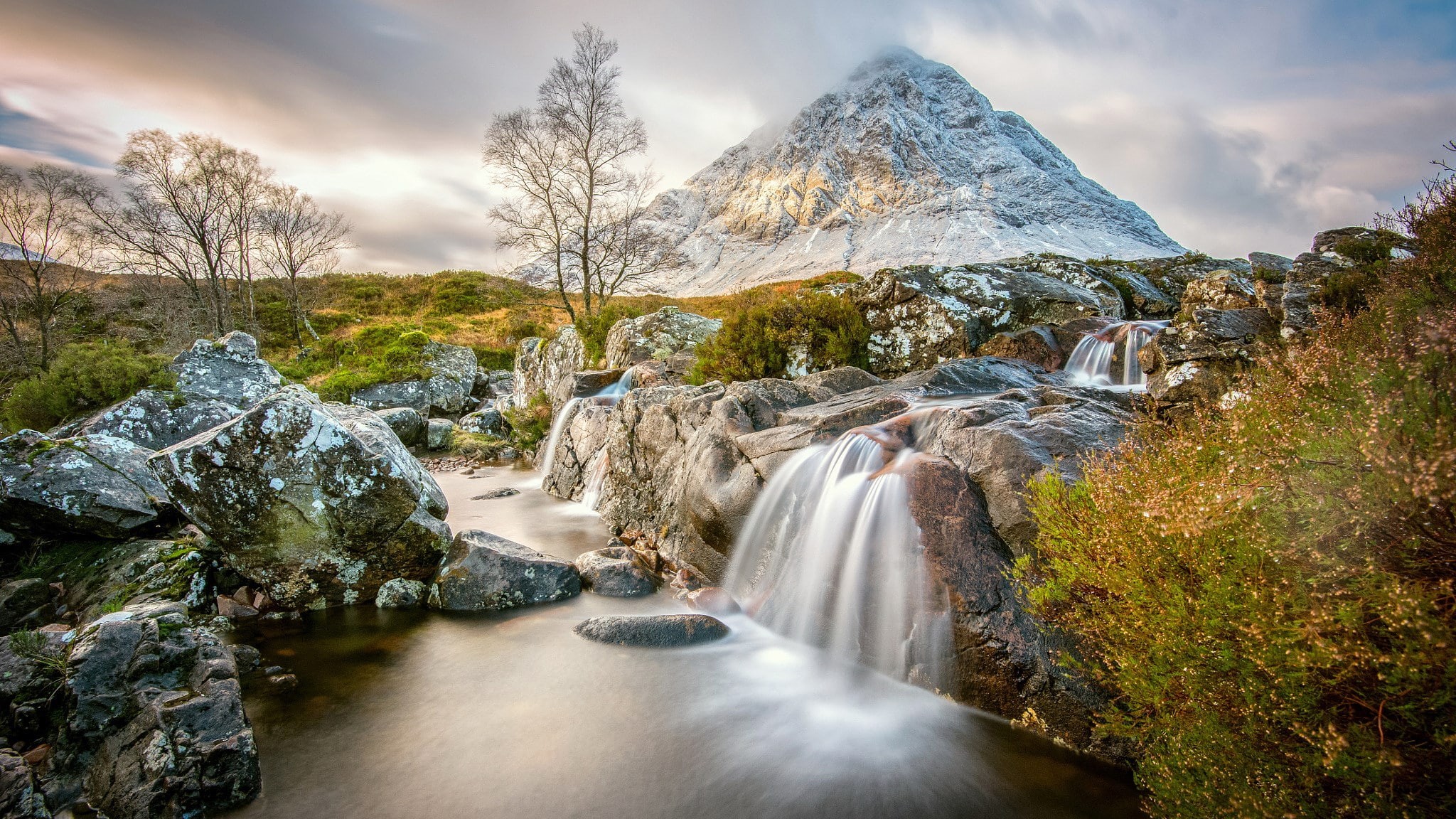 outdoors, solid, non-urban scene, stream - flowing water, snowcapped mountain, landscape, rock - object, rock, environment, tranquil scene, cloud - sky, HD Wallpaper