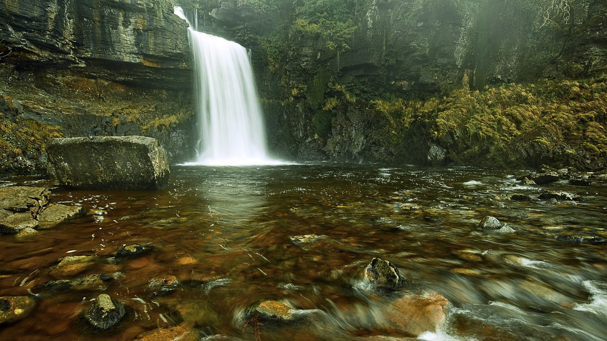 motion, waterfall, tree, rock - object, power in nature, blurred motion, rock, non-urban scene, power, long exposure, 1080P, no people, solid, stream - flowing water, HD Wallpaper