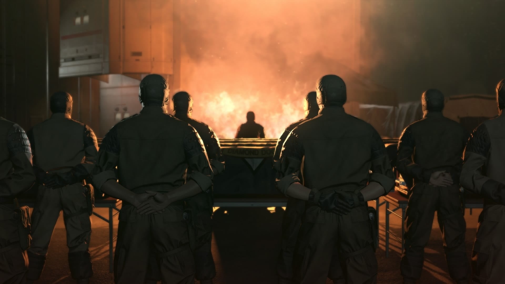people, rear view, 1080P, real people, clothing, flame, crowd, government, accidents and disasters, night, gray, built structure, top, togetherness, Metal Gear Solid V: The Phantom Pain, HD Wallpaper