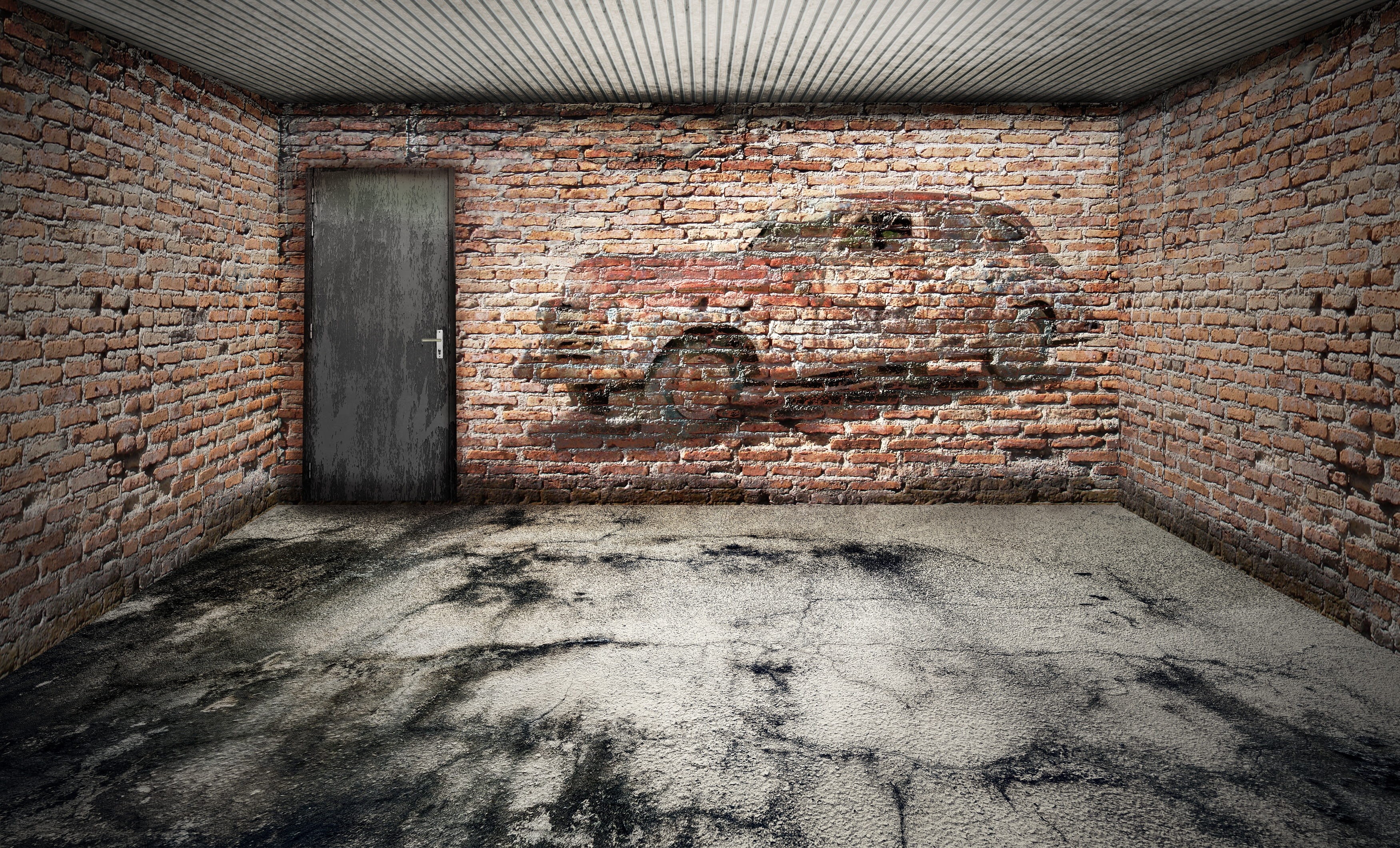 metal door, room, 2K, day, damaged, 3d, ailing, rotting, history, weathered, brick wall, wall, Floor, graffitti, abandoned, Space, bricks, sunlight, Stone, HD Wallpaper