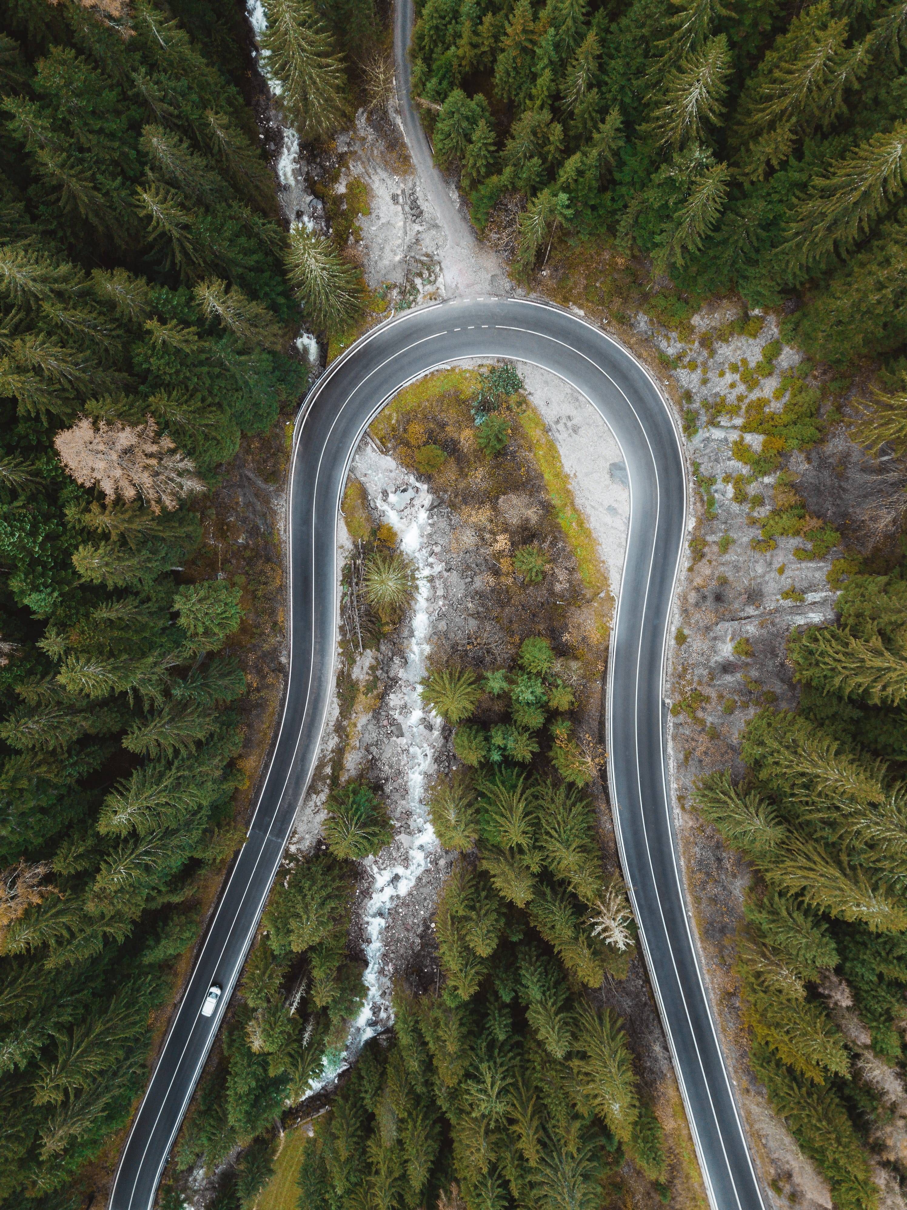 tranquility, building, curved, tree, high angle view, view, landscape, scenery, rainforest, transportation, mountain road, beauty in nature, alpe di siusi, Phone HD Wallpaper