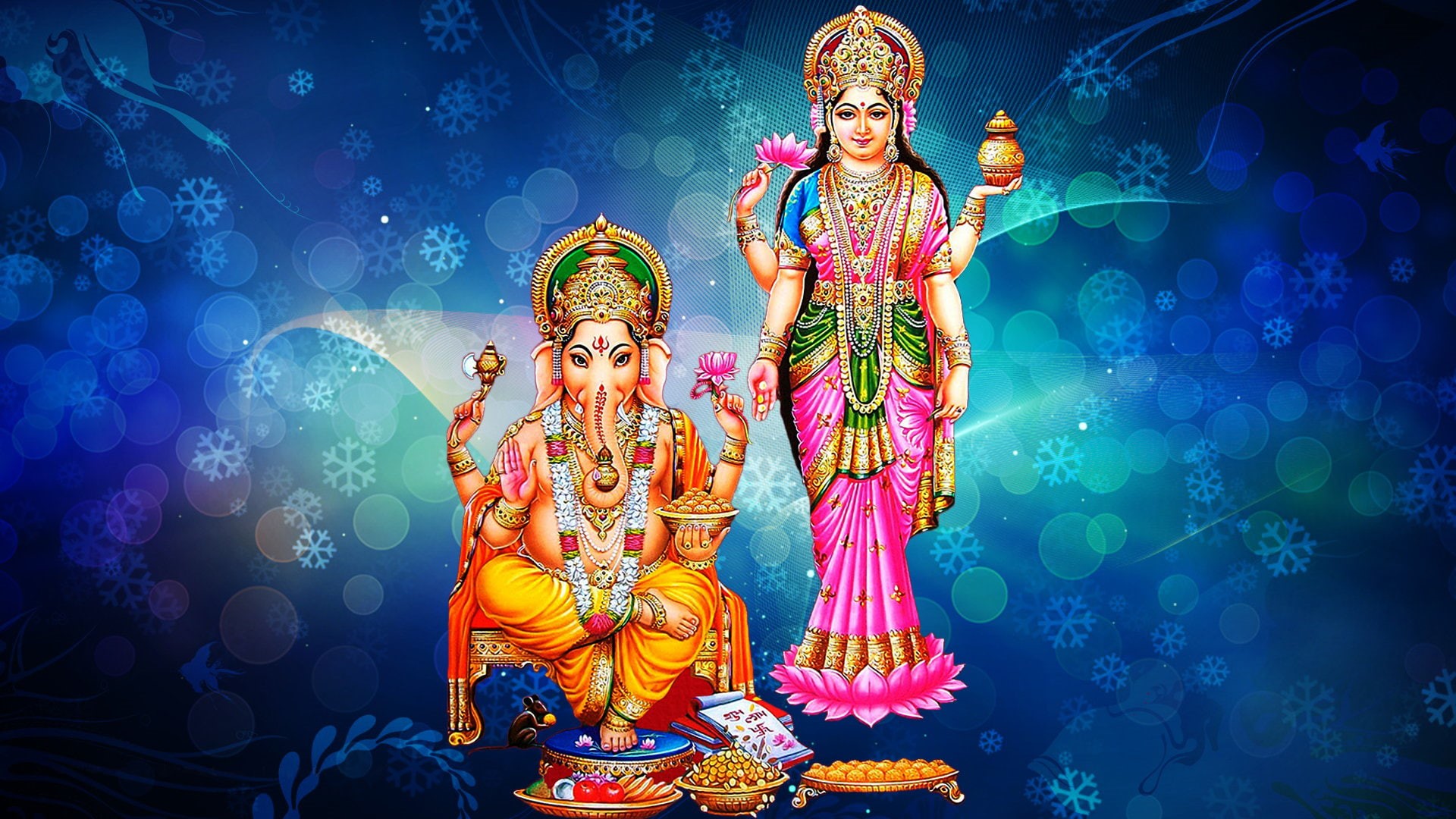  snowflakes, hd, goddess, 1080P, ganesh, background, blue, lord, decorative, laxmi, HD Wallpaper
