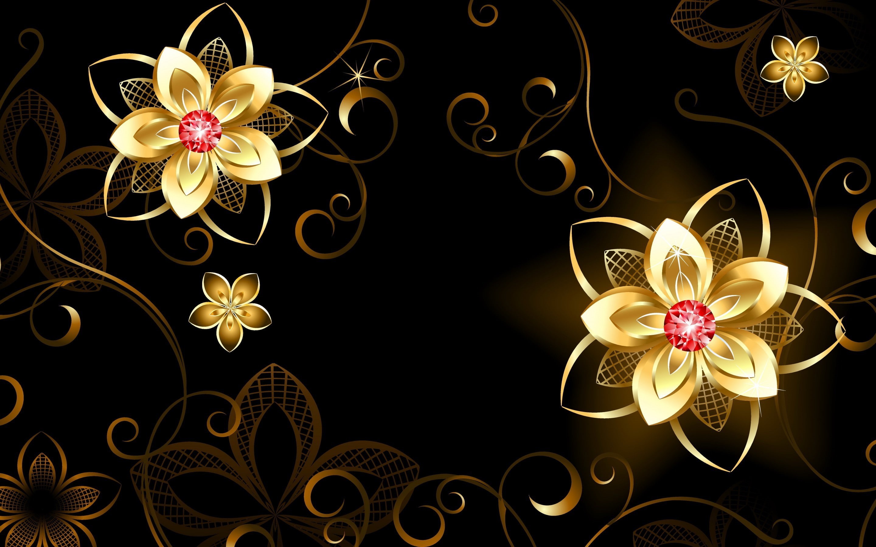 2K, picture, pebbles, flowers, abstraction, printed, black, gold, flower, HD Wallpaper