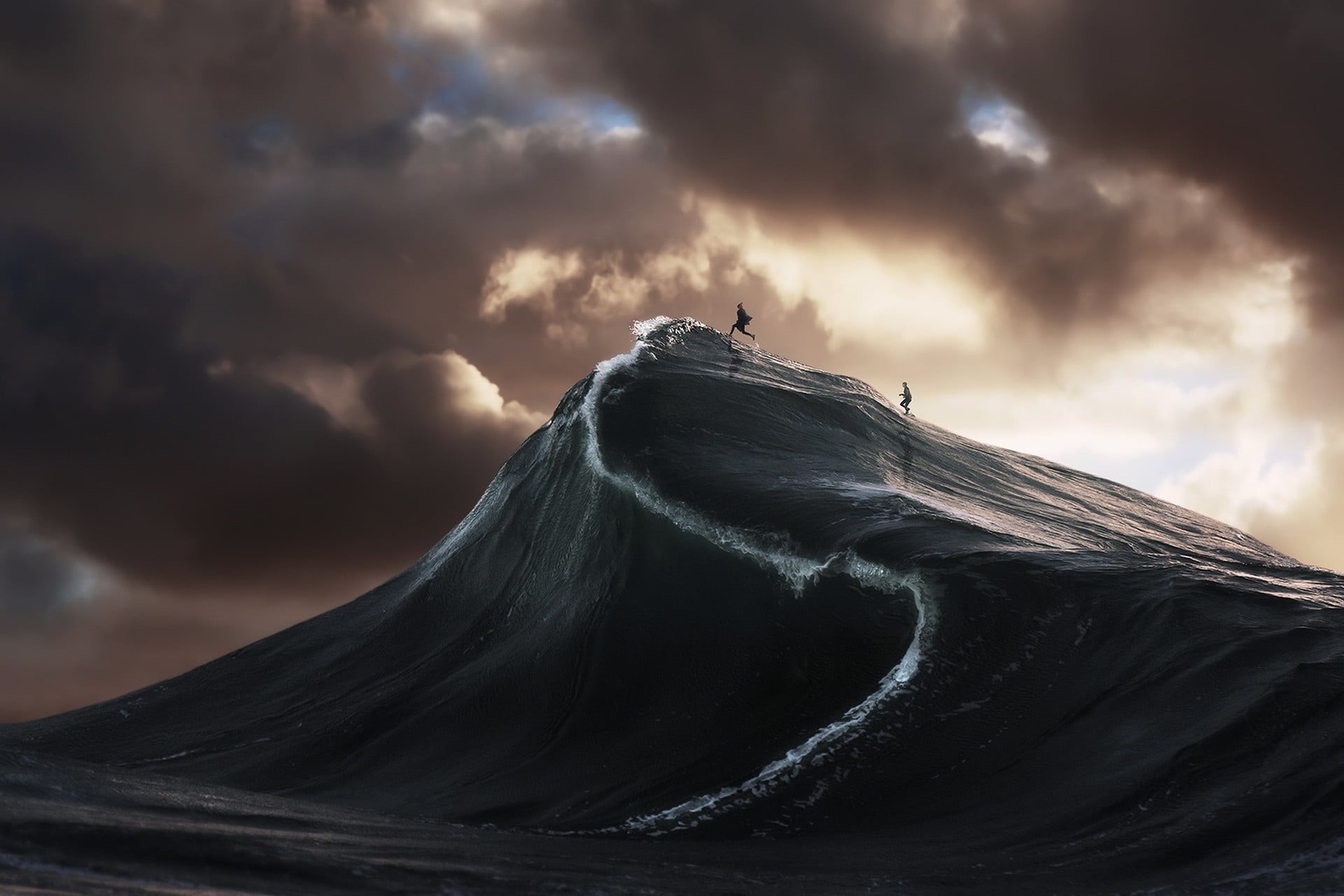 wave, running, no people, mountain, digital, beauty in nature, sunset, digital art, power in nature, men, day, humor, sky, person, cloud - sky, HD Wallpaper
