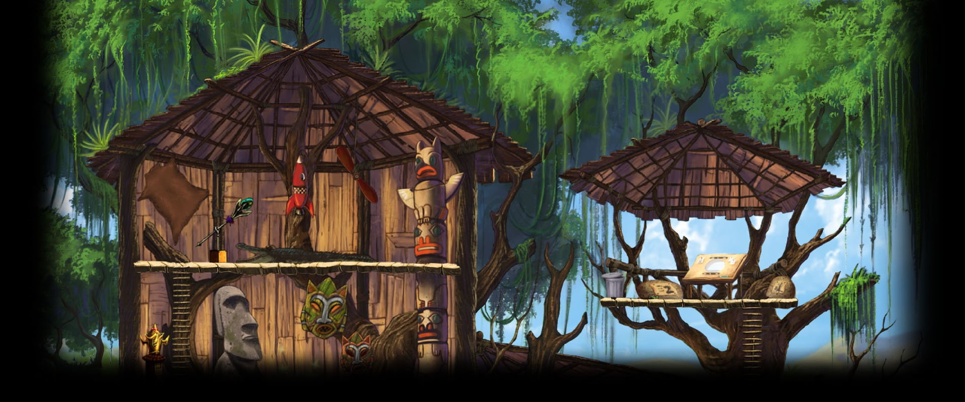 Tiki, treehouses, trees, totem, trashcan, video games, A Boy and His Blob, propeller, Moai, 1080P, rocket, animals, forest, treehouse, HD Wallpaper