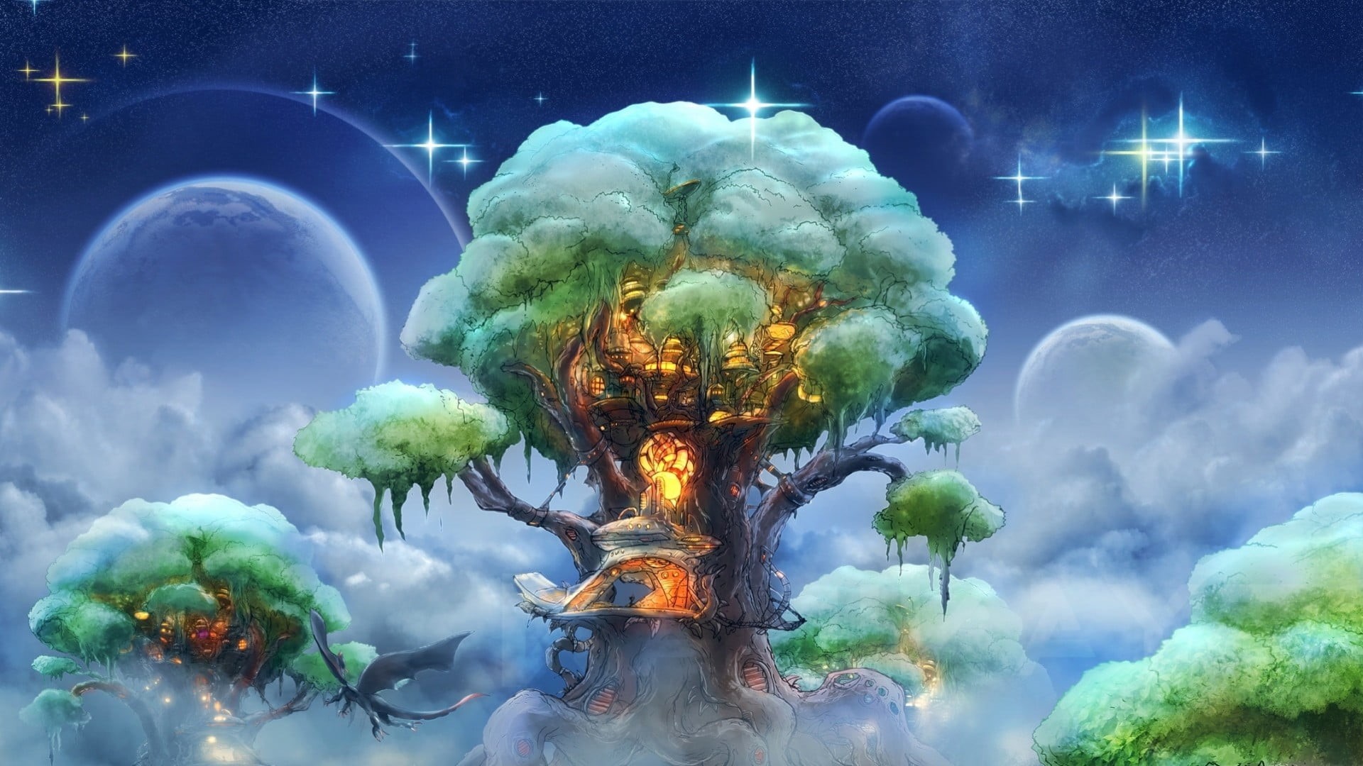 glowing, no people, pollution, treehouse, building exterior, digital composite, cloud - sky, fantasy art, fire, flame, nature, air pollution, HD Wallpaper