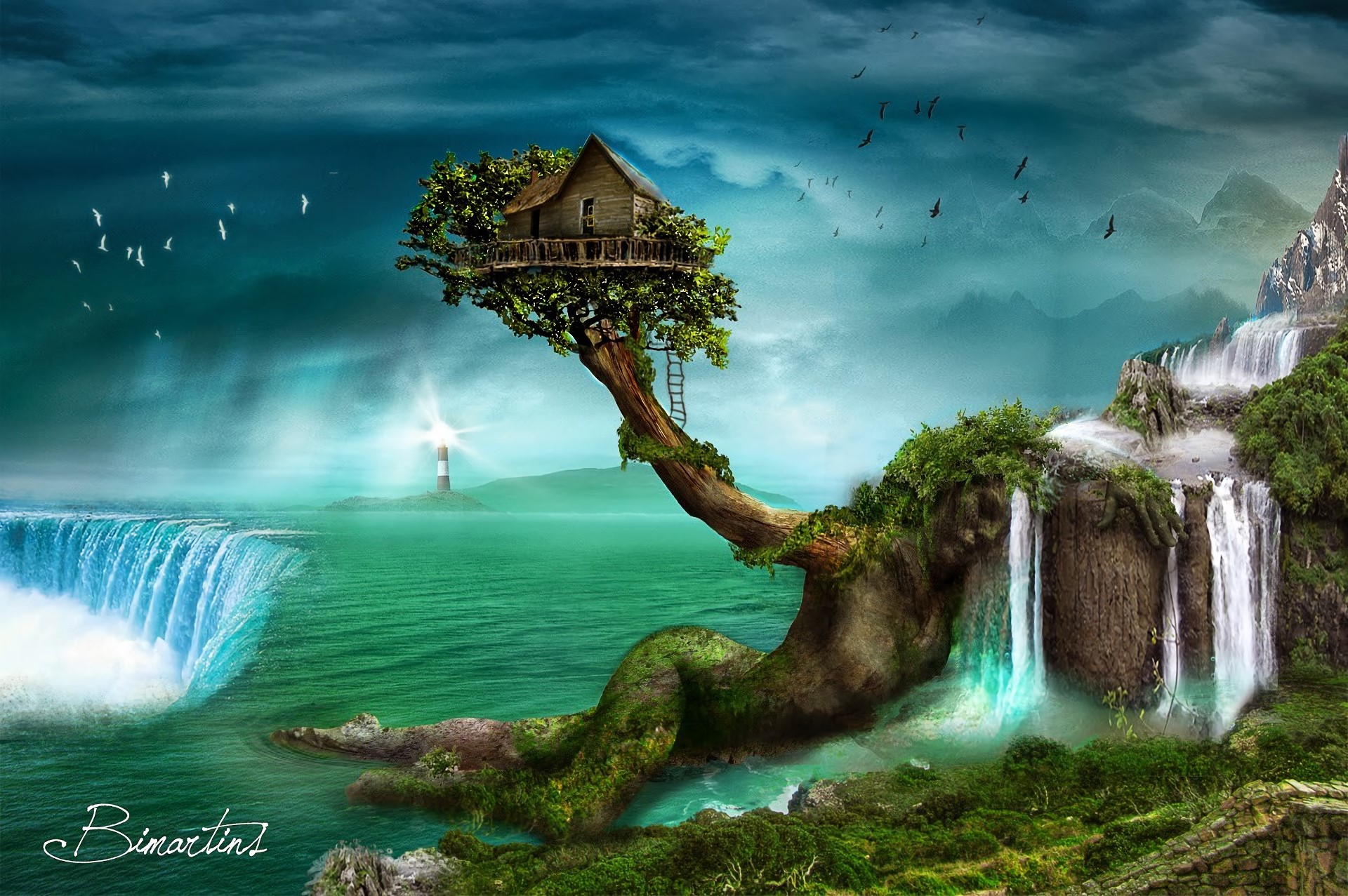 Landscape, 1080P, Treehouse, Tree, Waterfall, Fantasy, HD Wallpaper