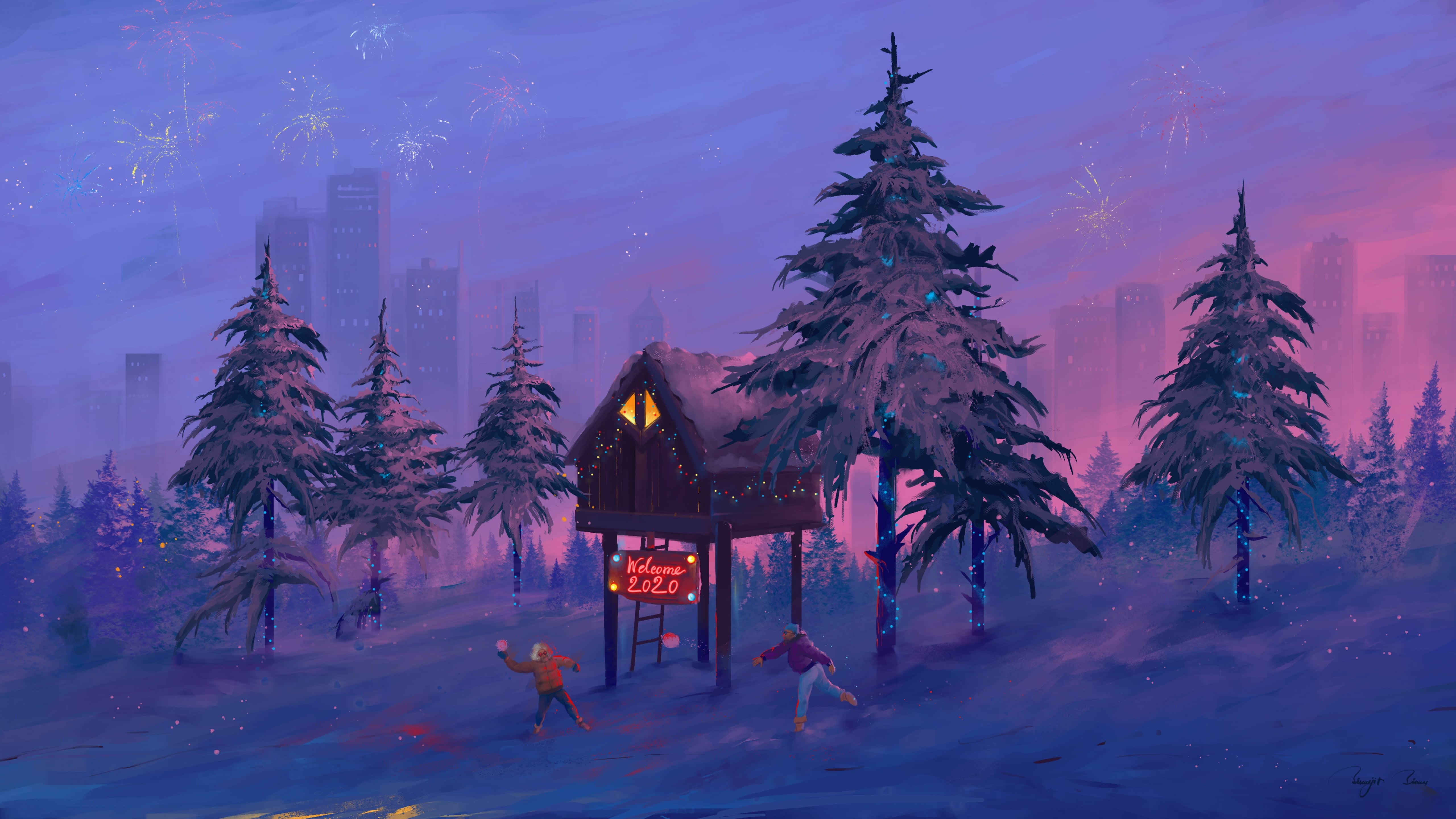 5K, fireworks, trees, New Year, treehouse, BisBiswas, snowball, snow, artwork, city, christmas lights, HD Wallpaper