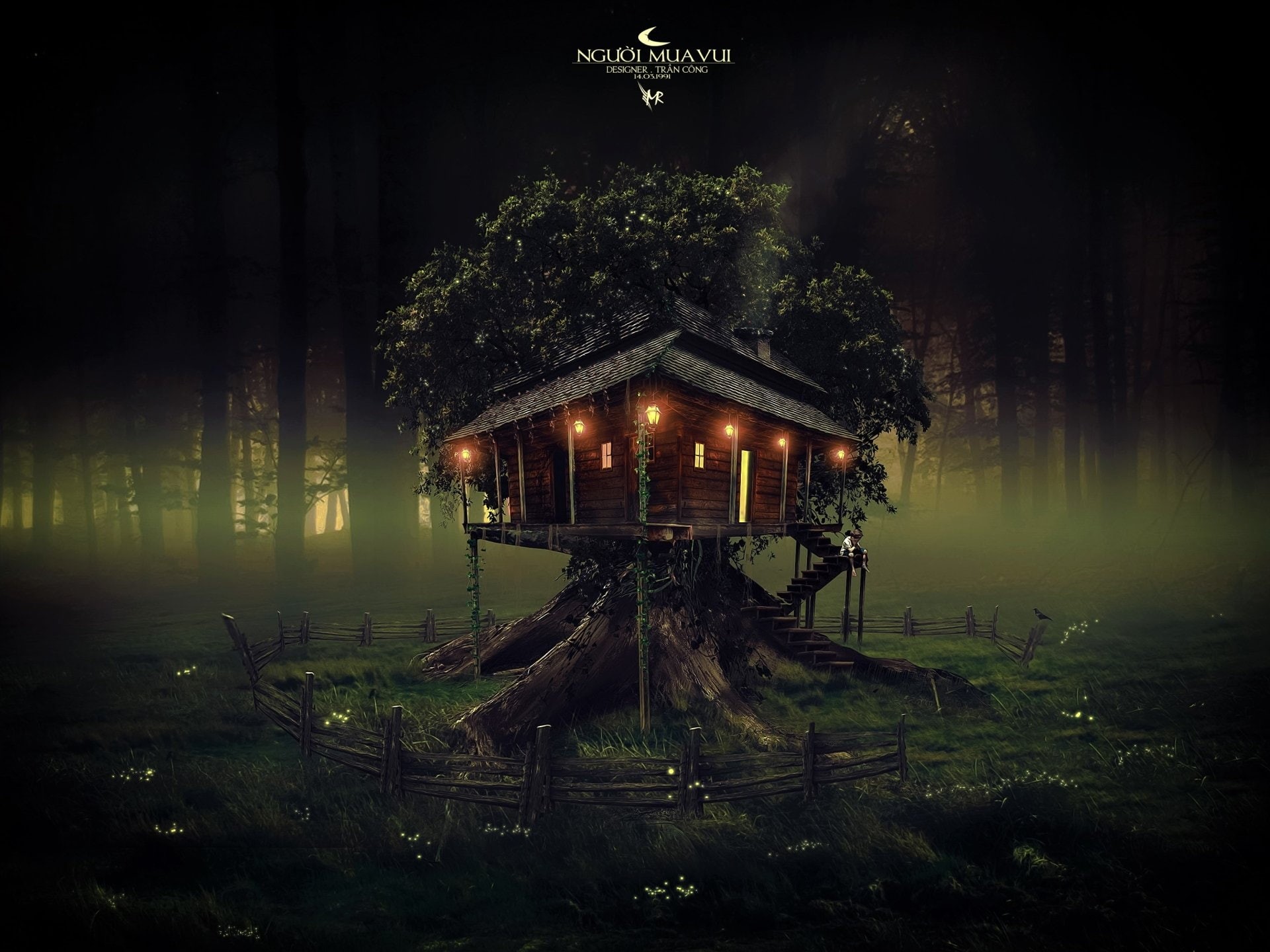 1080P, House, Fantasy, Light, Forest, Treehouse, Tree, Artistic, HD Wallpaper