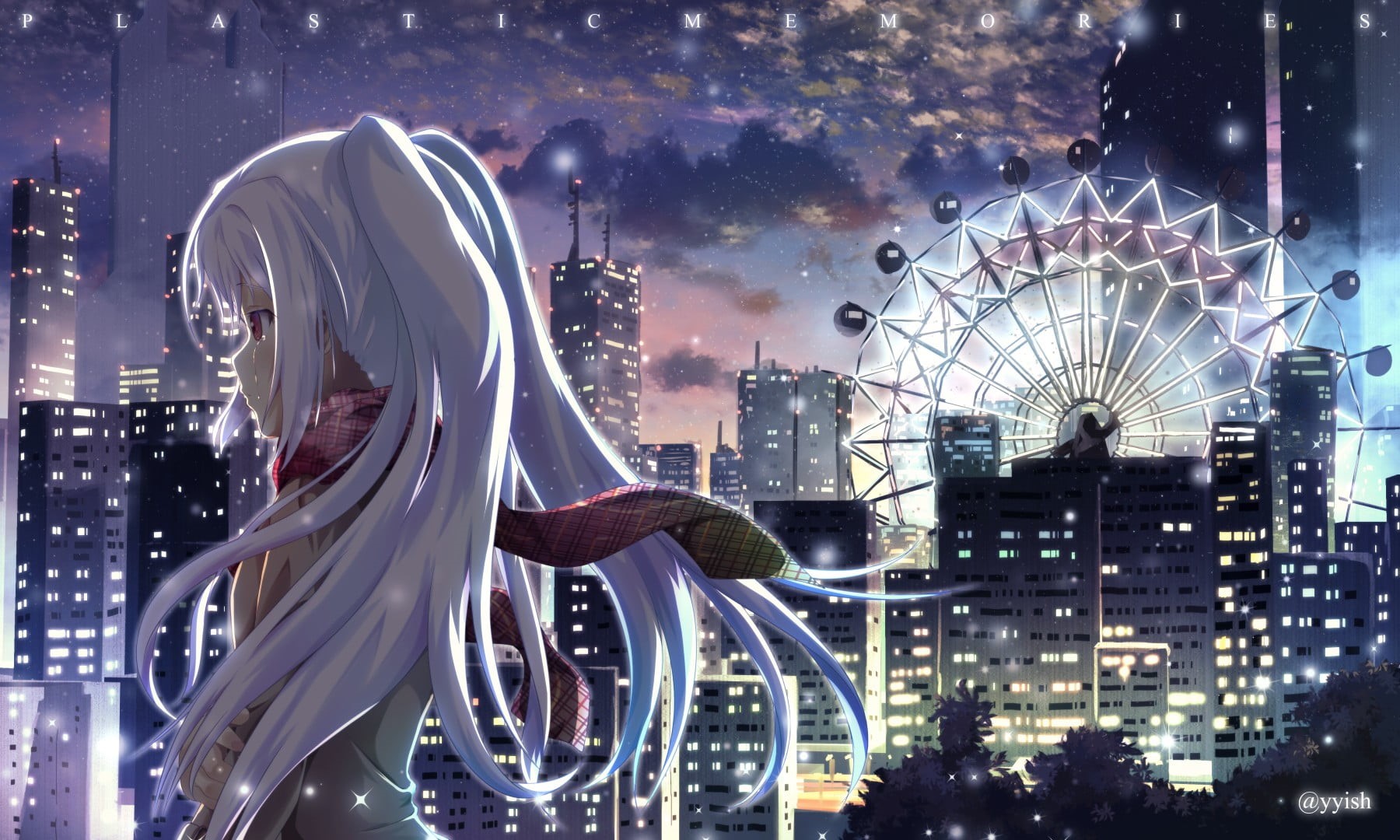 illuminated, office building exterior, architecture, amusement park, tears, motion, building exterior, cityscape, city, nature, no people, white hair, anime, HD Wallpaper