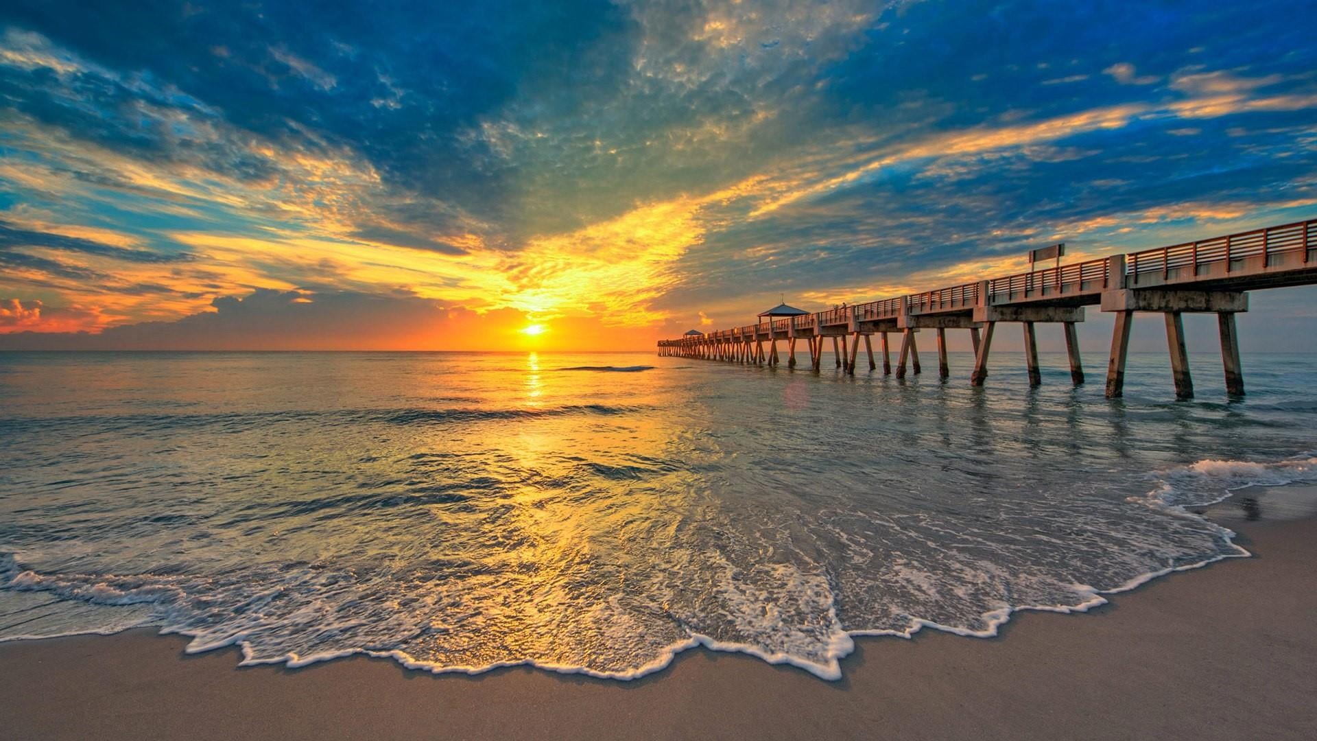 early morning, architecture, architectural column, sunrise, cloud - sky, beauty in nature, tranquil scene, pier, scenics - nature, juno beach pier, beach, HD Wallpaper