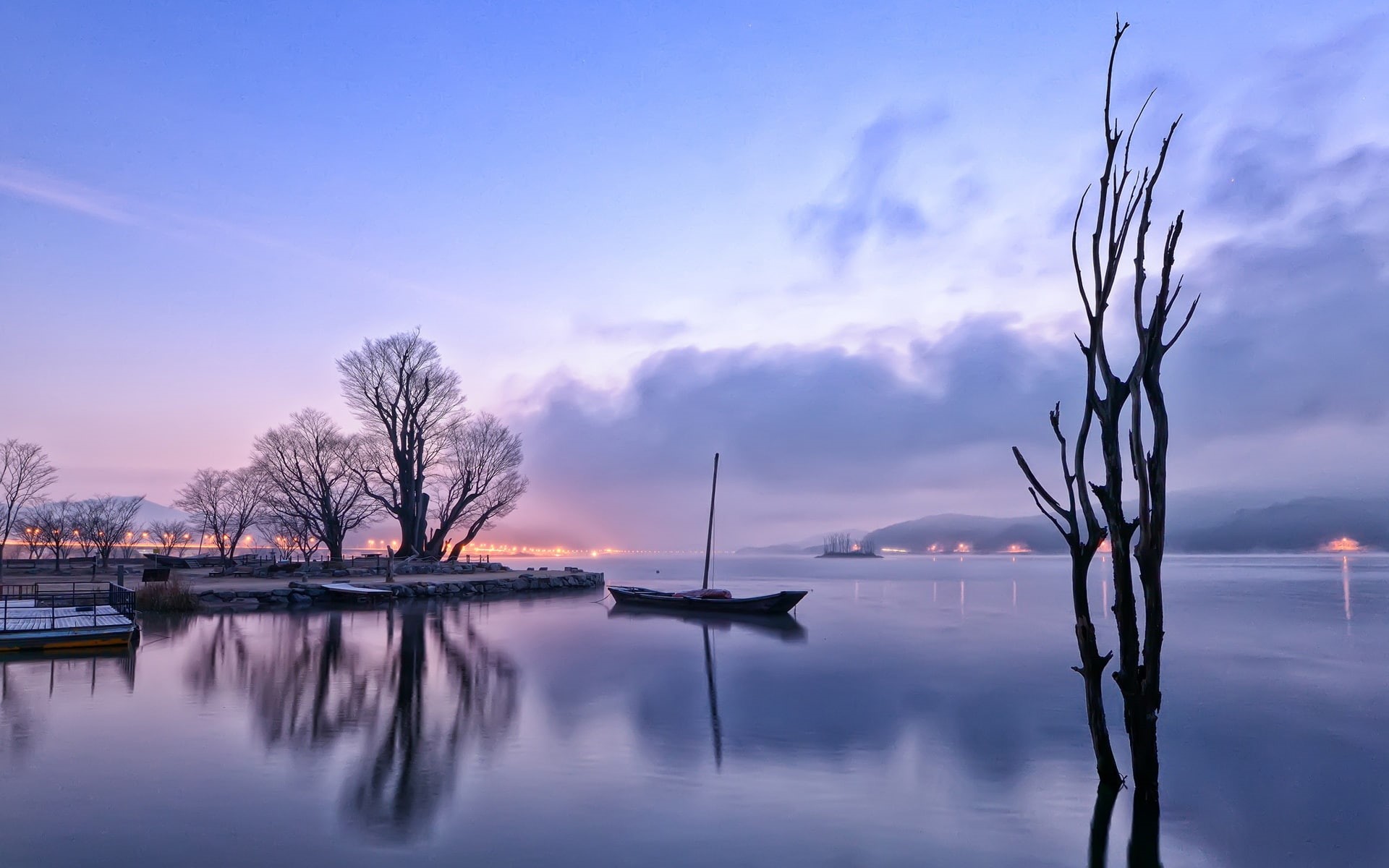 Early, Dawn, Lake, Boat, 1080P, Lights, silhouette, Trees, Reflection, tree, Morning, Fog, HD Wallpaper