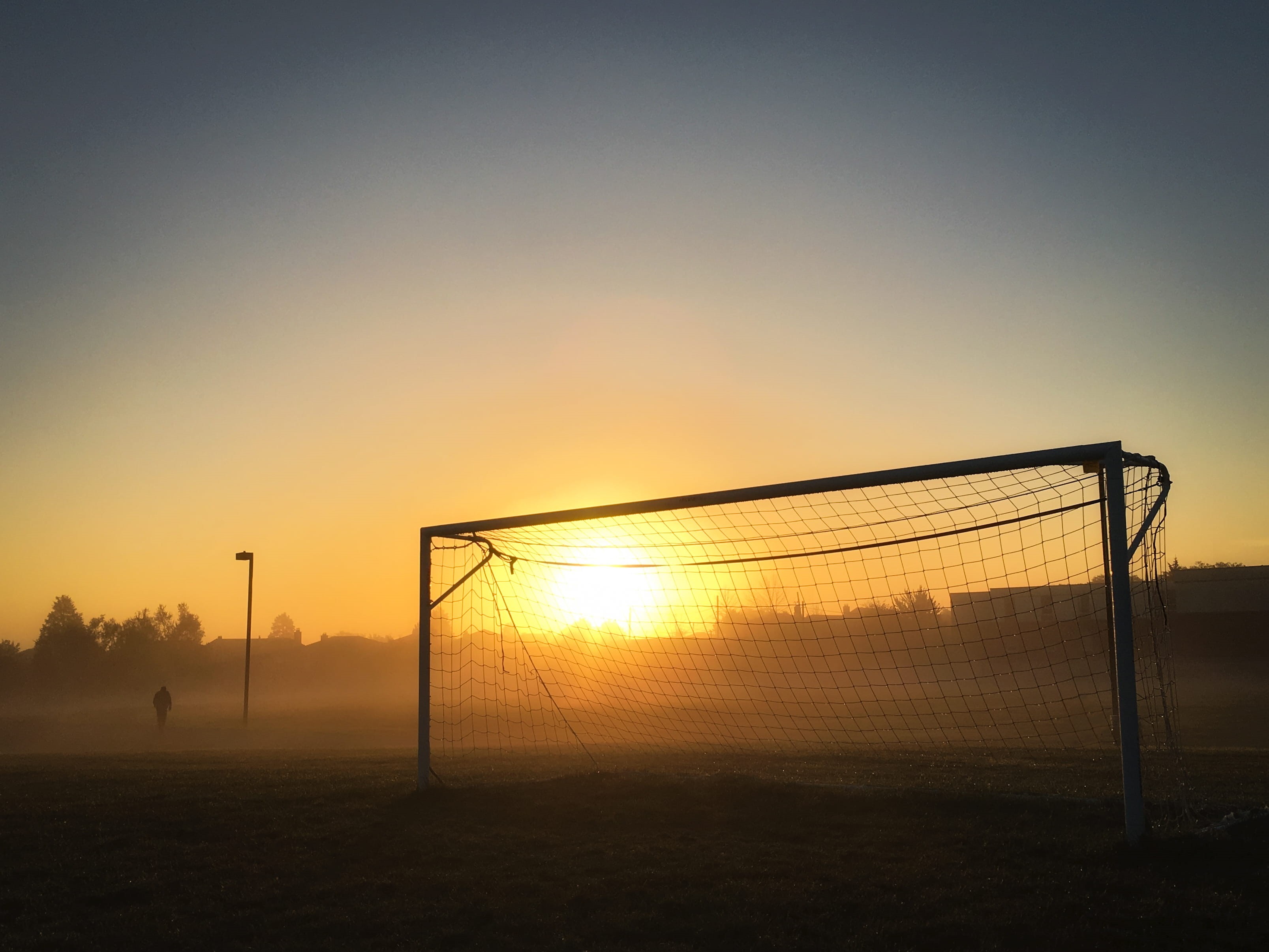 mobile, football, sun, iphone, goal post, soccer field, nature, canada, team sport, sunset, 2K, early, soccer, morning, field, grass, sports equipment, HD Wallpaper